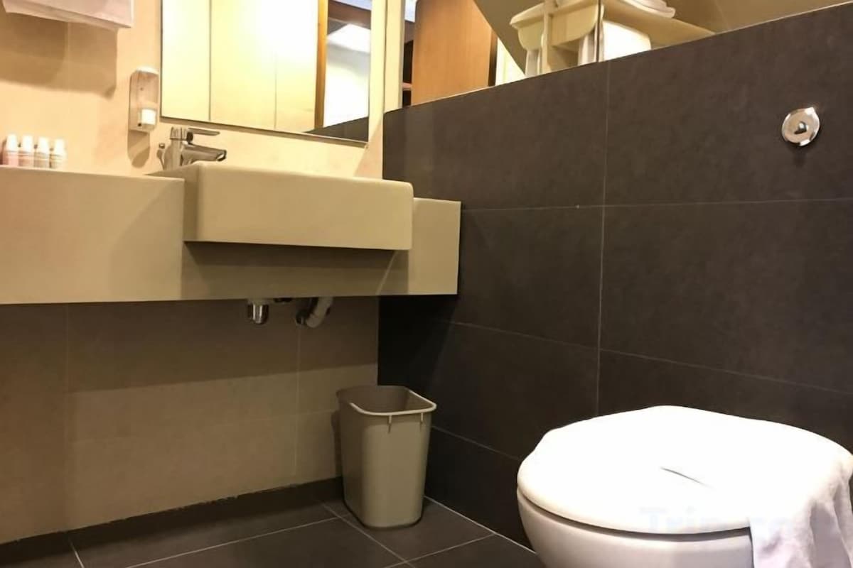 Een badkamer met een wastafel, spiegel en toilet.