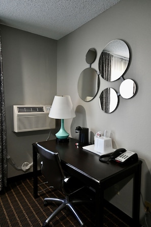 In-room safe, desk, laptop workspace, blackout curtains