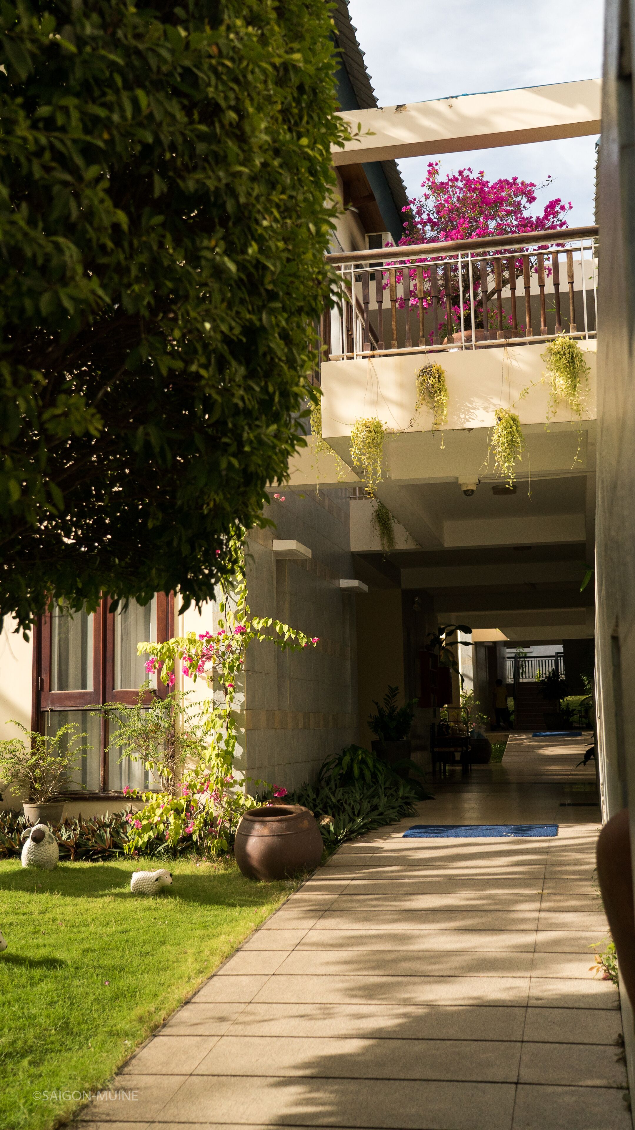 A covered walkway with a view of a building's exterior, including a balcony with hanging plants and a tree in the foreground.