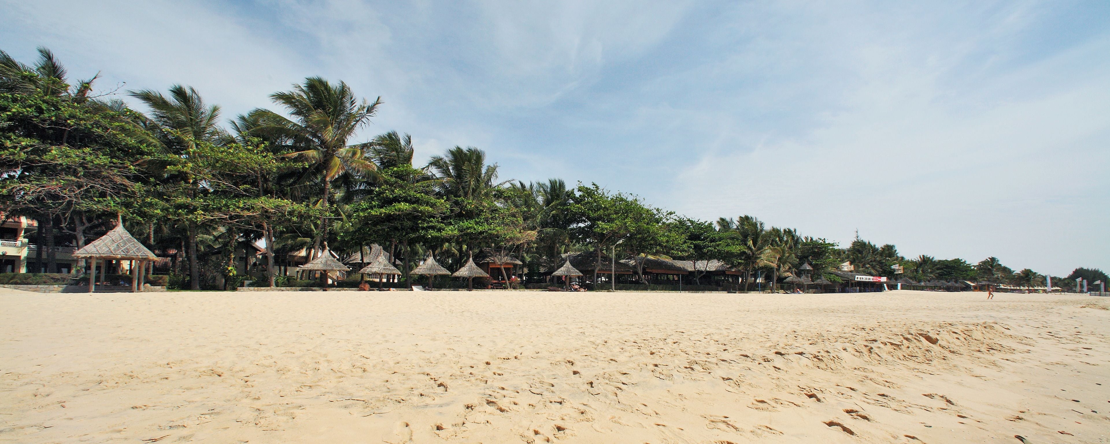 A beach with thatched-roof huts and palm trees.