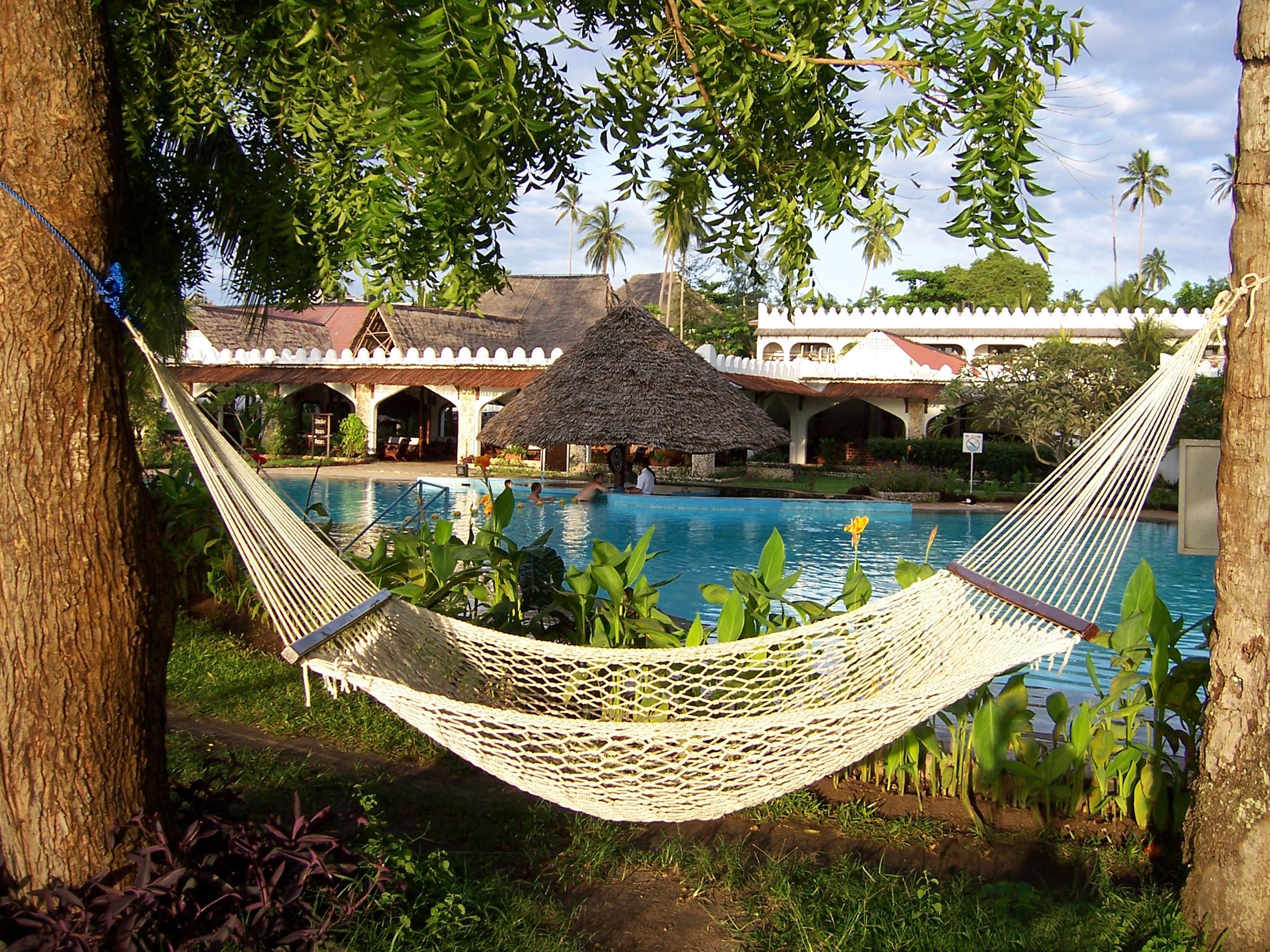 A hammock by a pool with a thatched-roof structure and a white fence in the background.