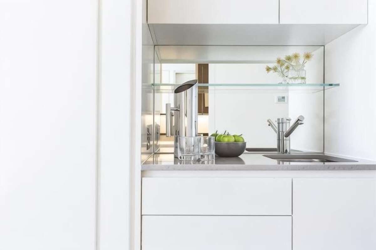 Una cocina moderna con repisa de vidrio, pileta de acero inoxidable y un cuenco con plantas verdes.