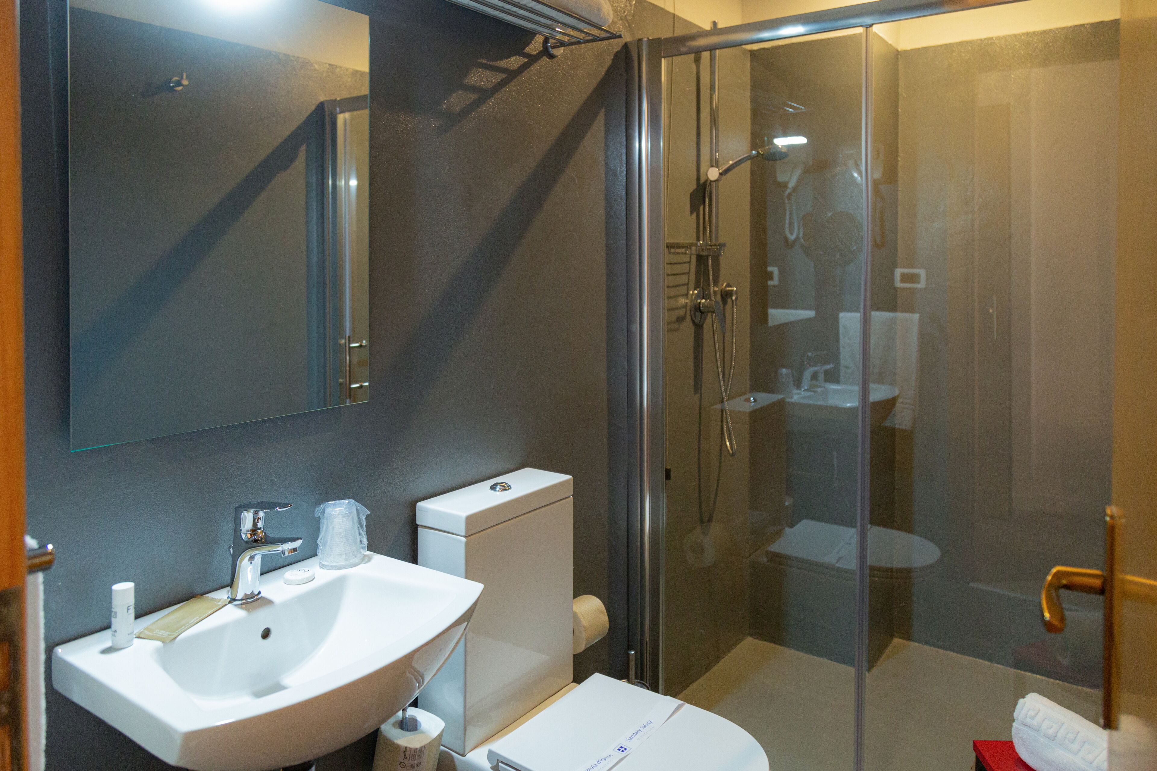 Klassieke eenpersoonskamer | Badkamer | Een douche, een haardroger, handdoeken