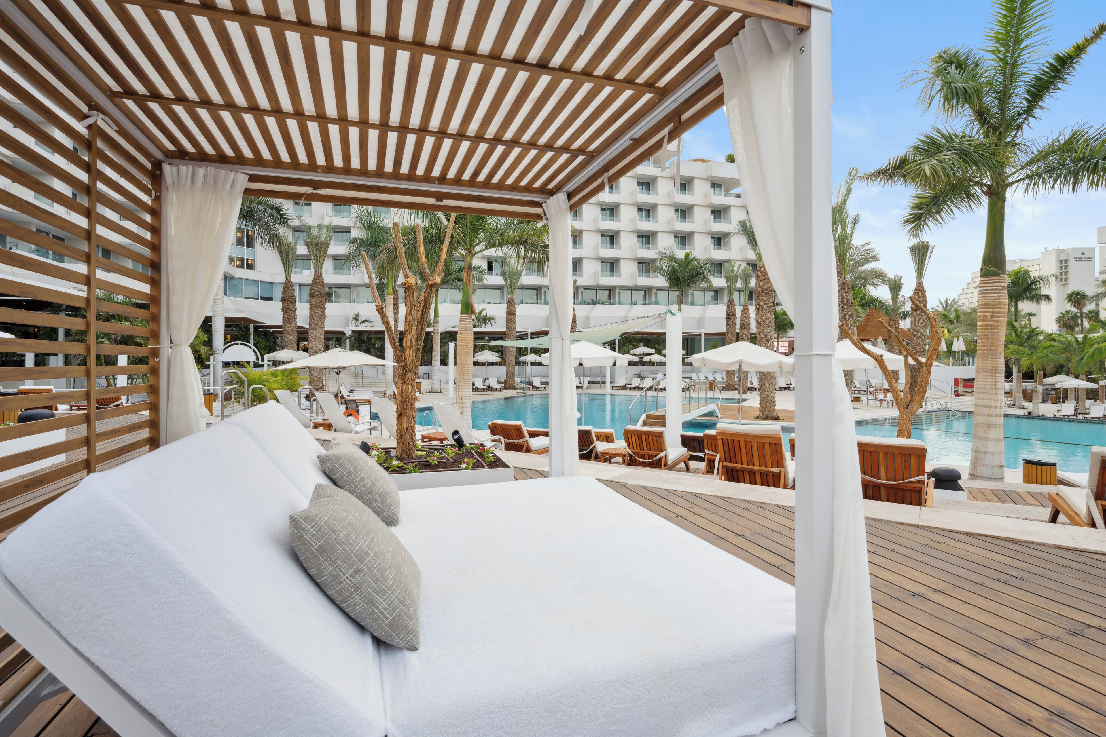 Outdoor pool, pool umbrellas, sun loungers