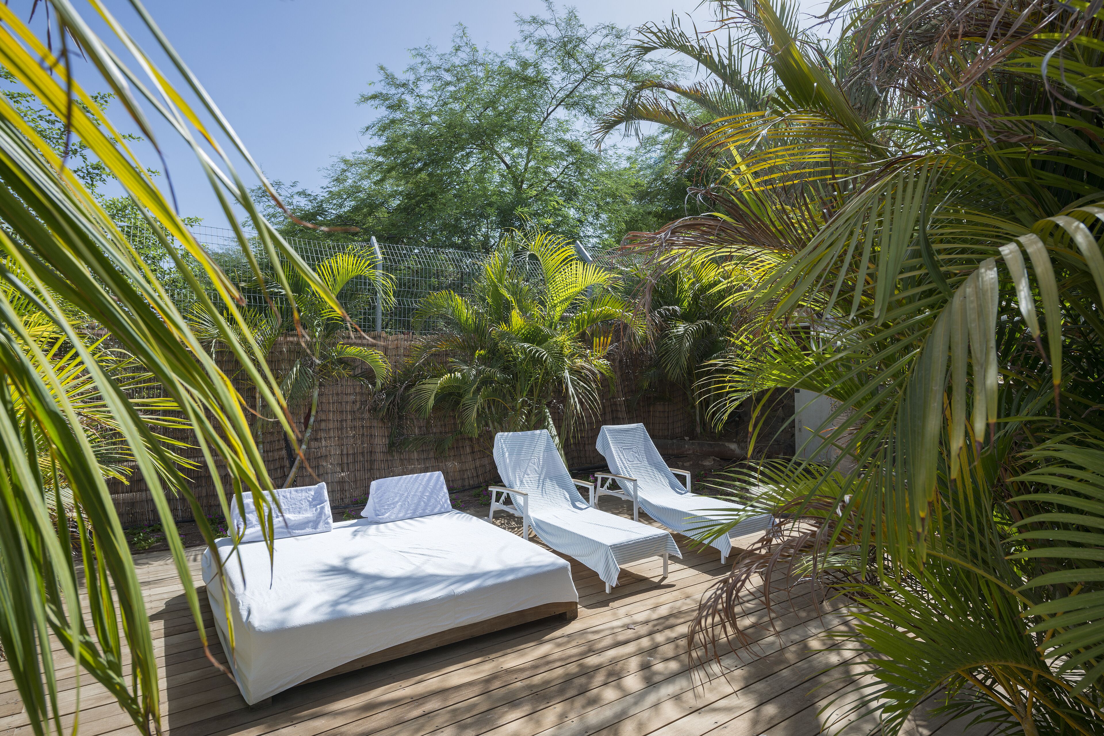 Una terraza de madera con una cama y dos sillones de descanso, rodeada de palmeras y una valla.