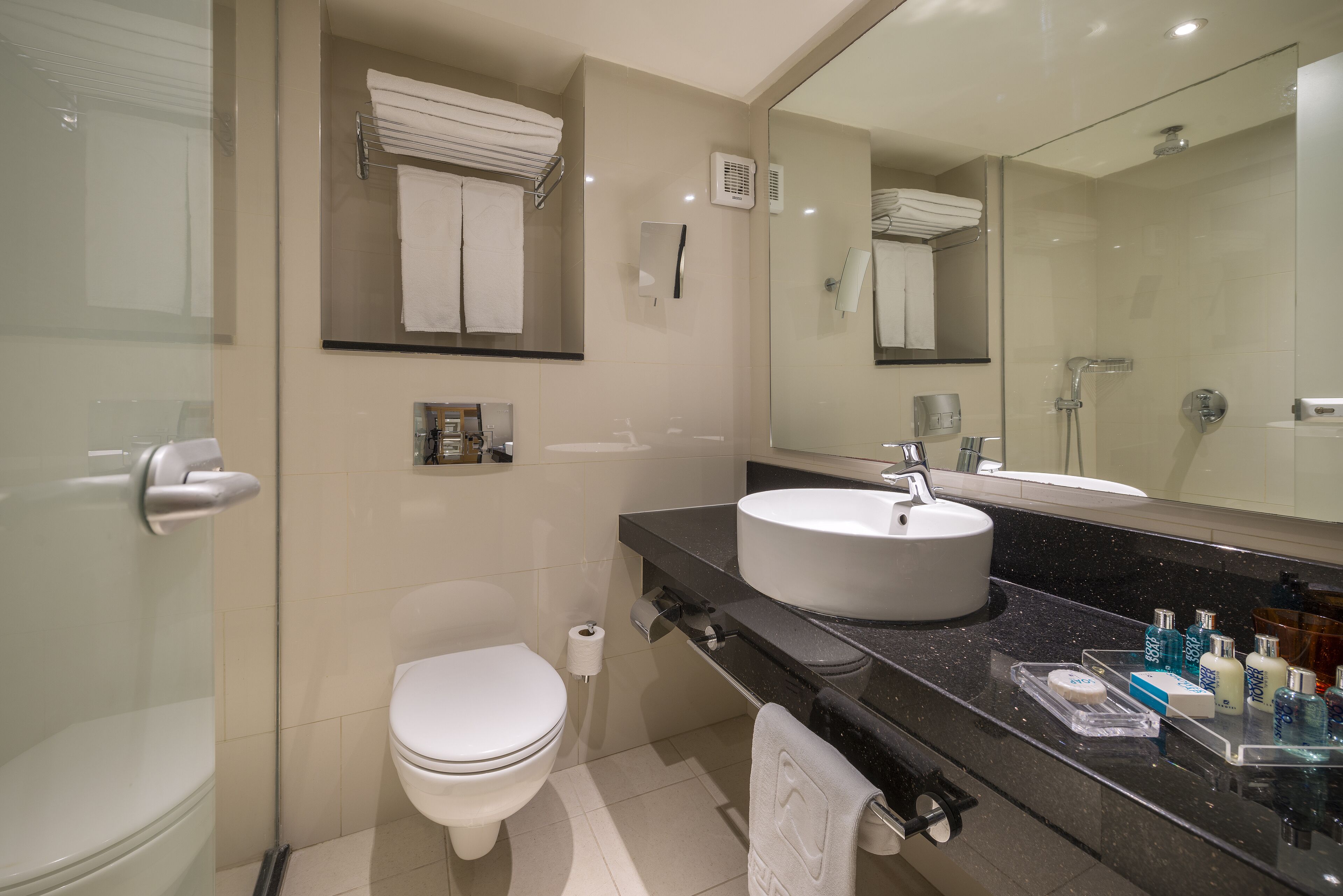 Un baño moderno con cabina de ducha de vidrio, inodoro blanco, lavamanos grande con encimera negra y espejo sobre el lavamanos.