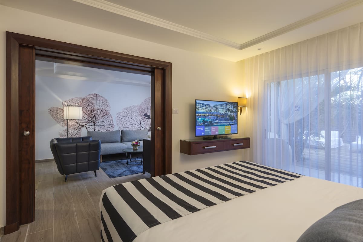 A hotel room with a large bed, a television on a wooden cabinet, a sofa, and a view of the outdoors through sheer curtains.