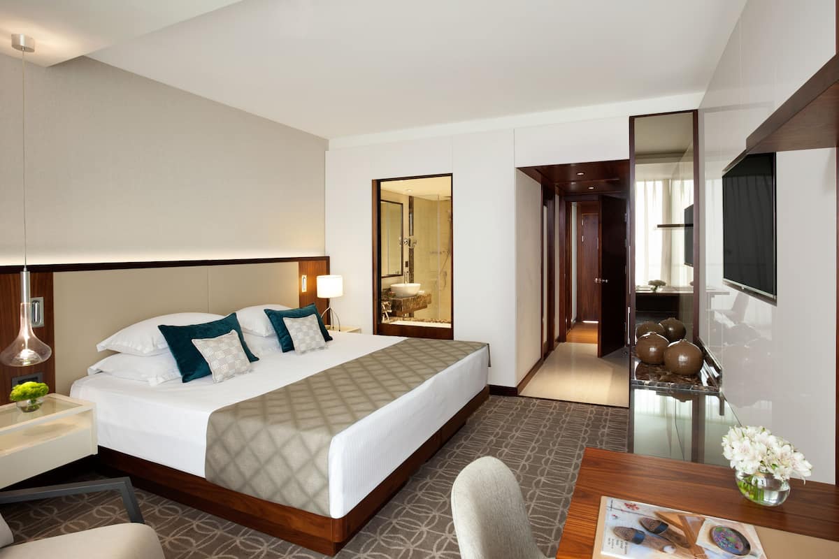 Une chambre d’hôtel avec un grand lit, une table de chevet, une lampe et une vue sur la salle de bain et le couloir.