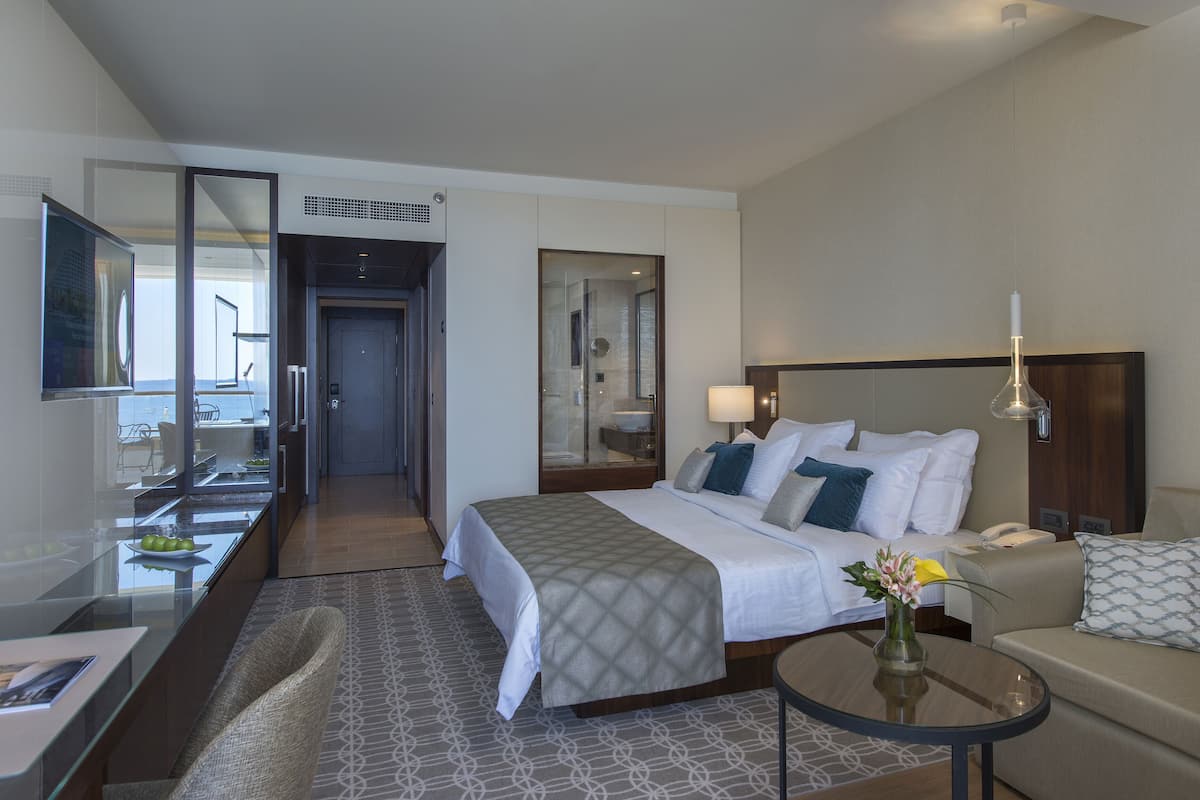 Une chambre d’hôtel comprenant un lit, un canapé, une télévision, une salle de bain avec une douche en verre, et un coin repas avec une table et des chaises.