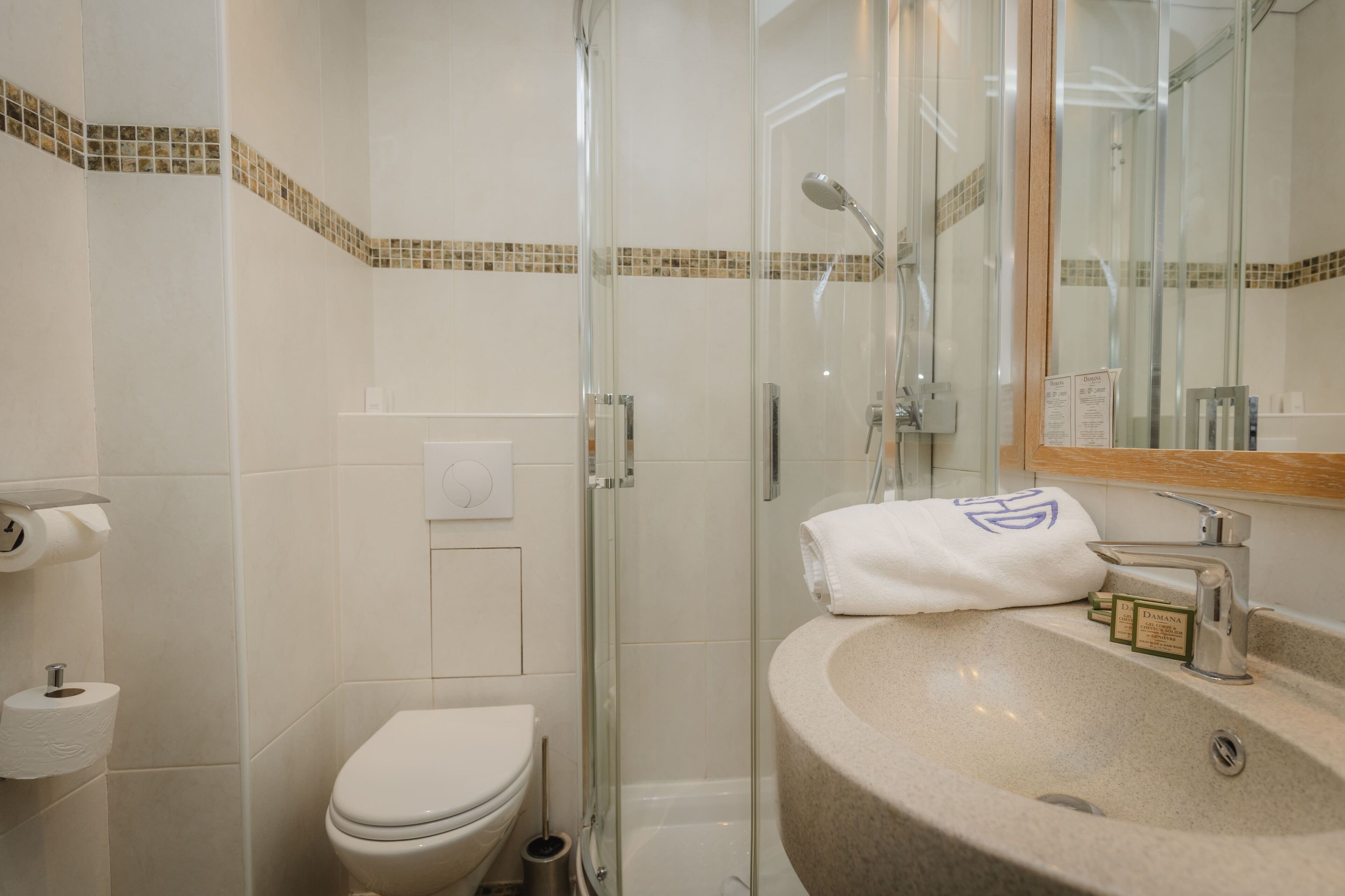 hydromassage showerhead, free toiletries, hair dryer, towels