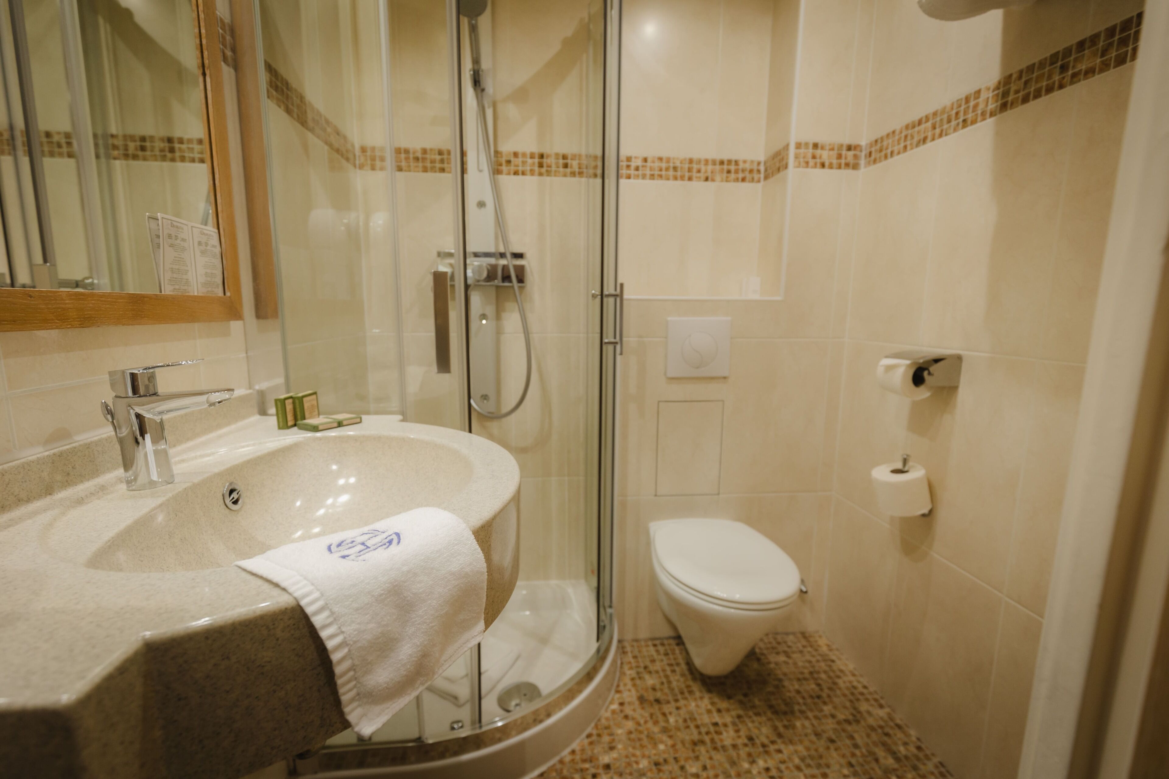 hydromassage showerhead, free toiletries, hair dryer, towels