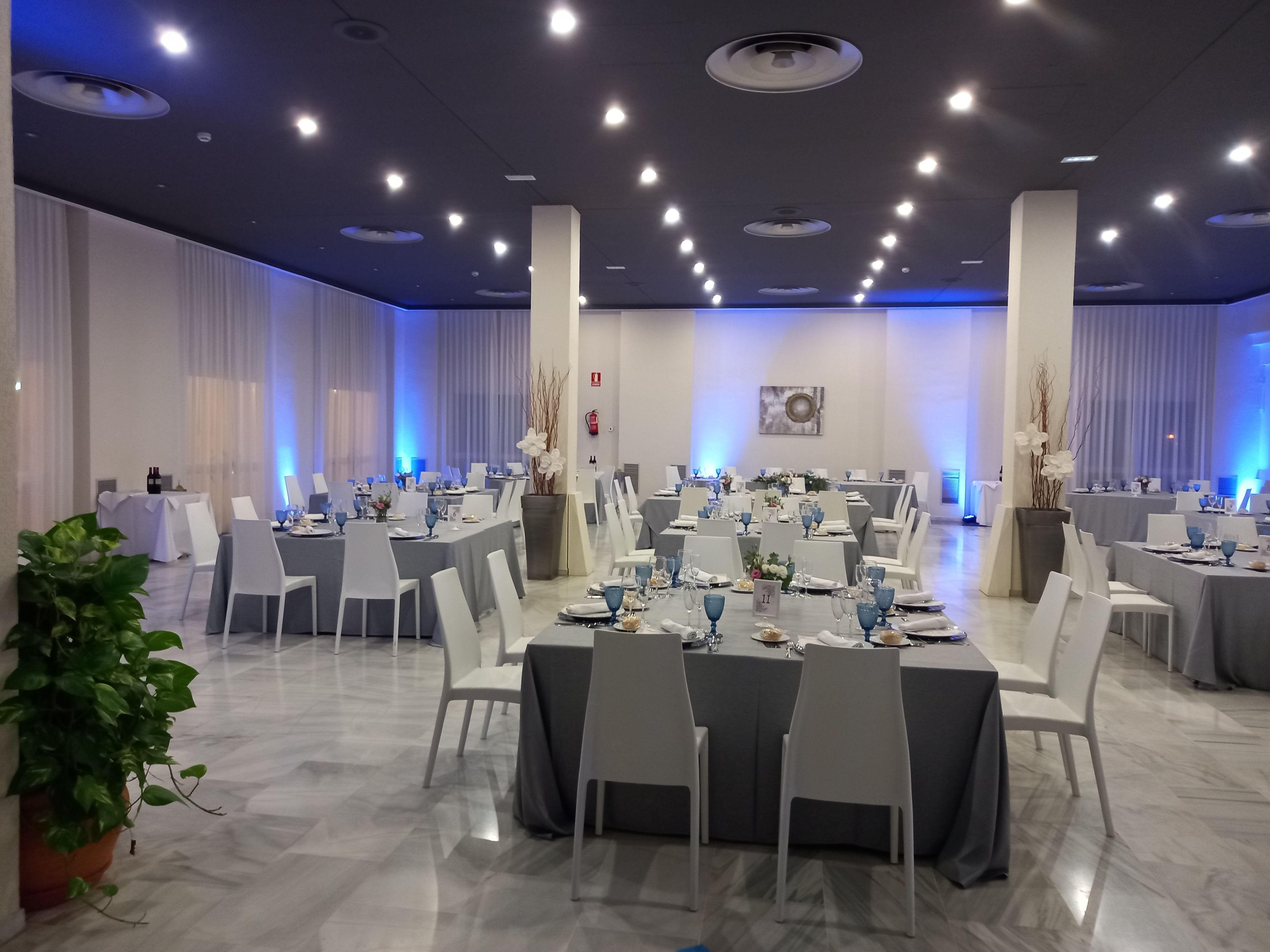 Een vergaderzaal met ronde tafels, witte stoelen en blauw servies.