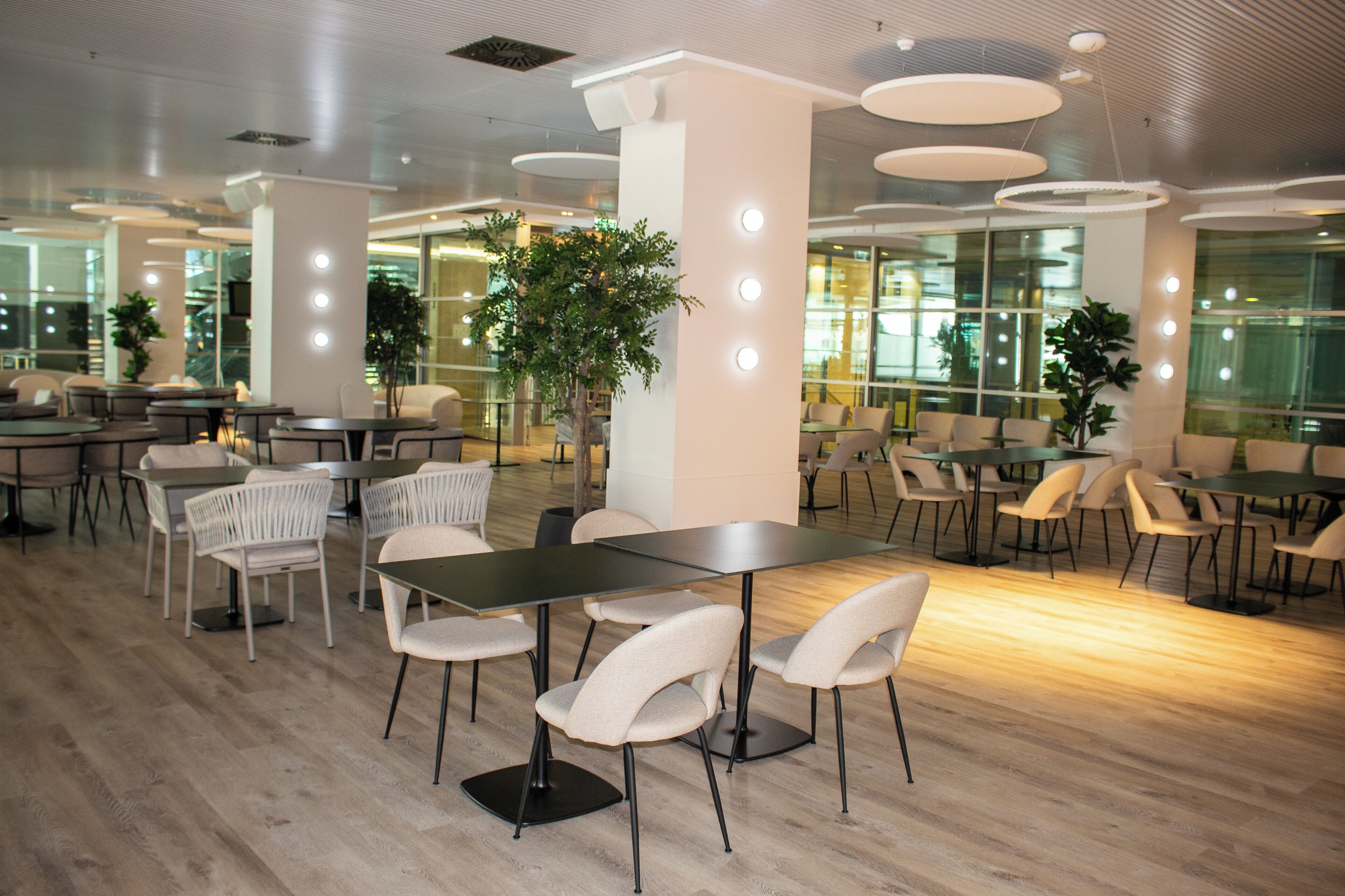 Un comedor moderno con mesas redondas y sillas blancas, ventanas amplias y plantas de interior.