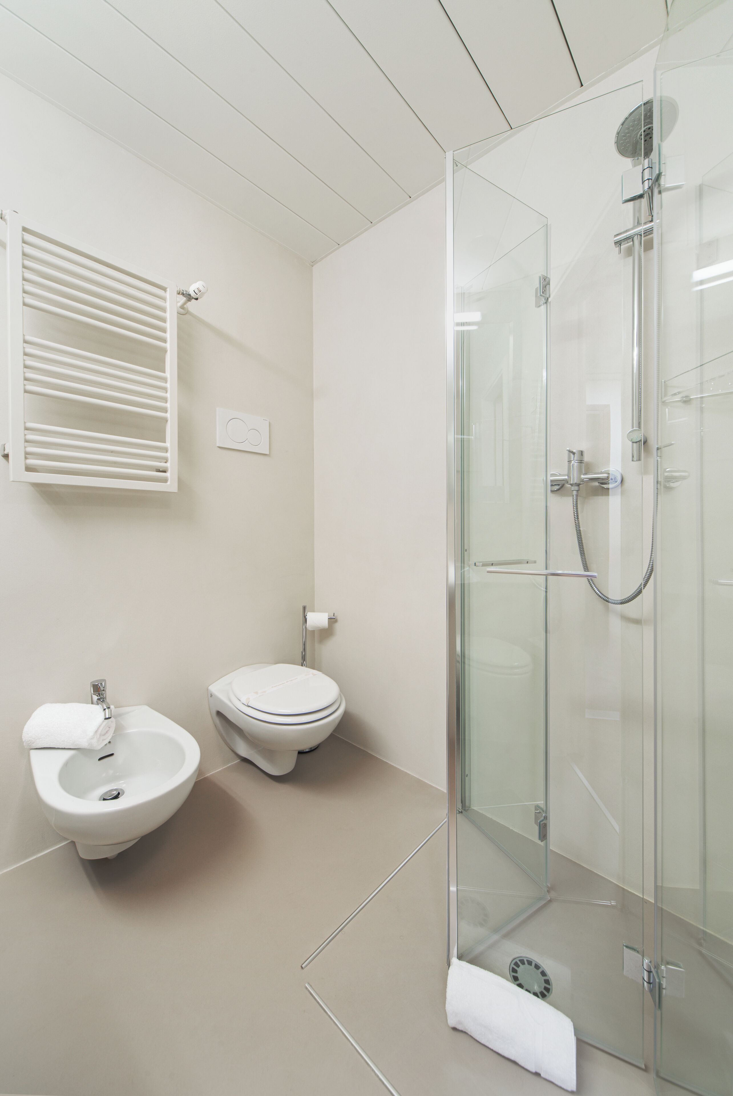 Un baño moderno con ducha de vidrio, inodoro y bidé.
