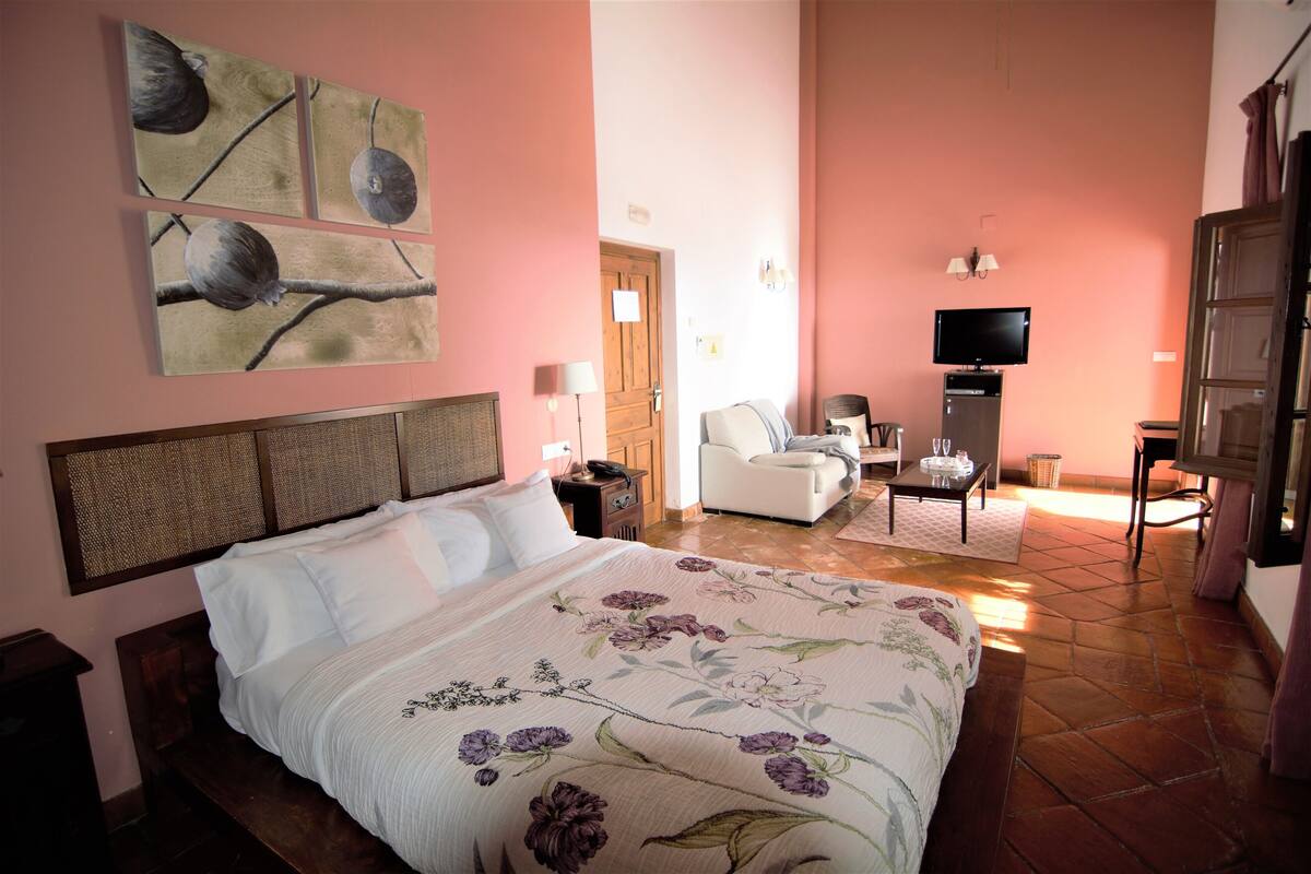 Un dormitorio con cama, televisión, silla y mesa.