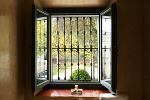 Una ventana con una reja de metal, una pequeña mesa con un cuenco de vidrio y un libro, y vista a un jardín con árboles y un sendero.