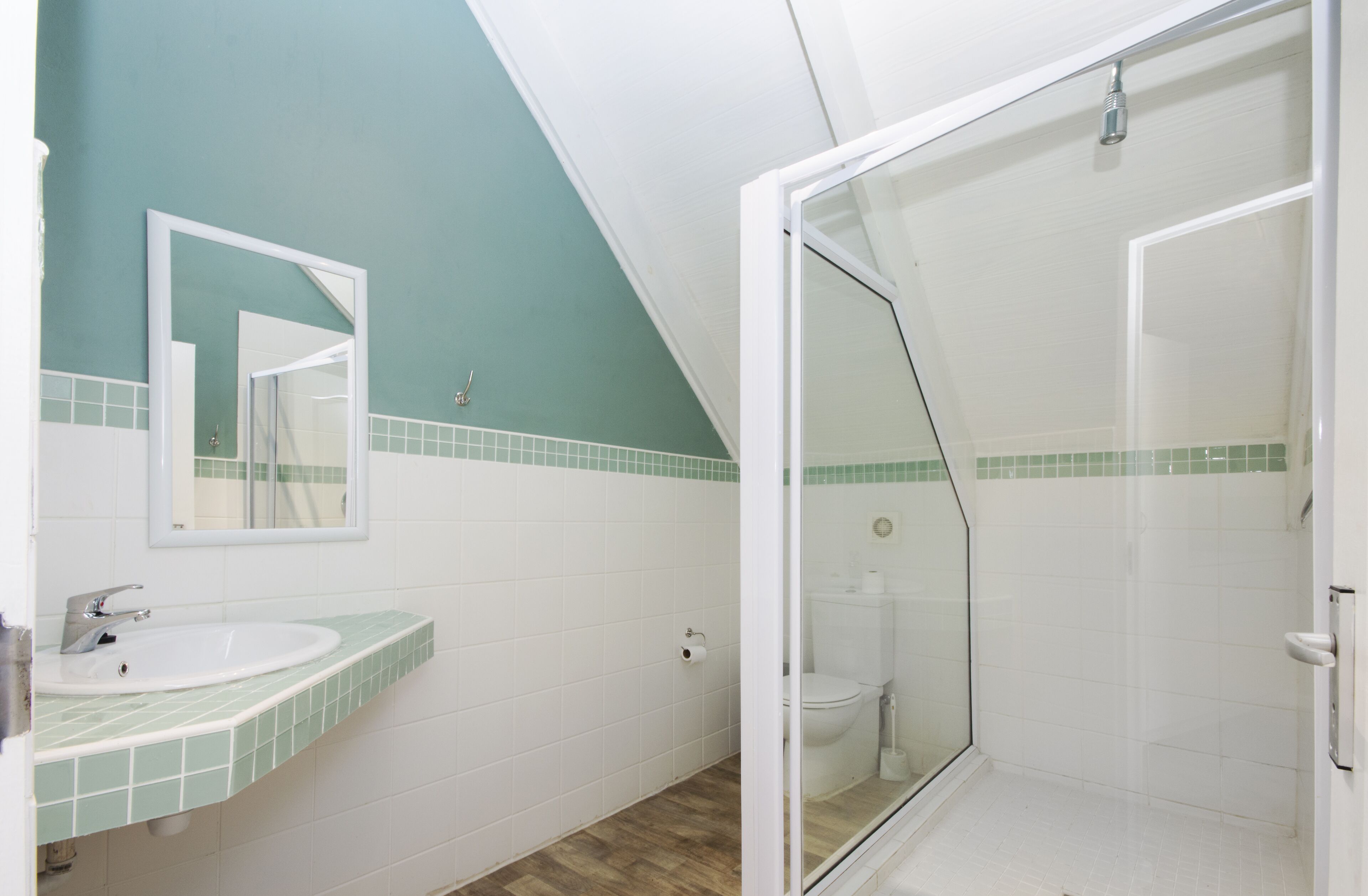 Een badkamer met een witte wastafel, een spiegel, een toilet en een douche met glazen wanden.