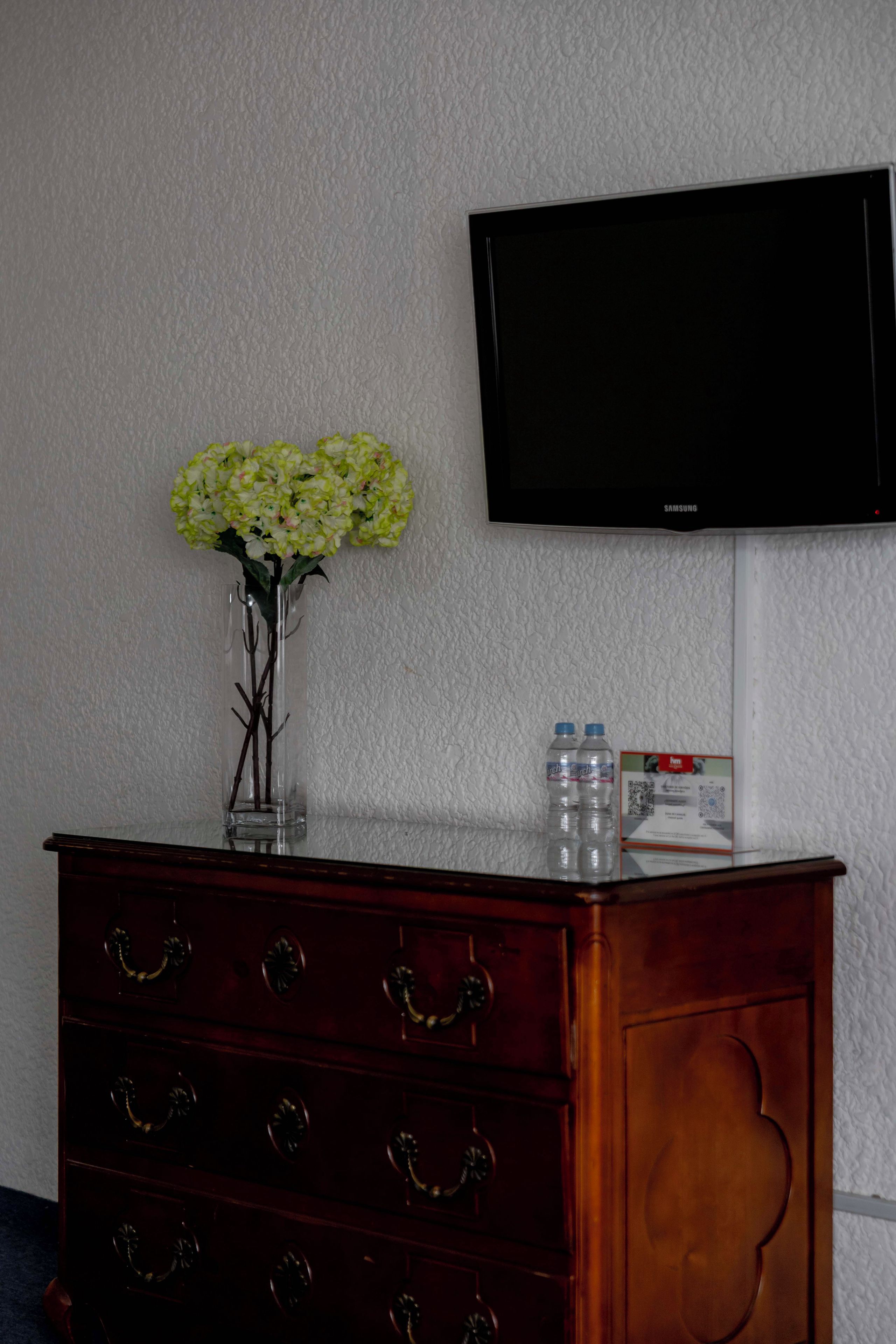 Une commode en bois, sur laquelle sont posés un vase de fleurs et deux bouteilles d’eau, est placée devant un mur texturé où est fixé un téléviseur.
