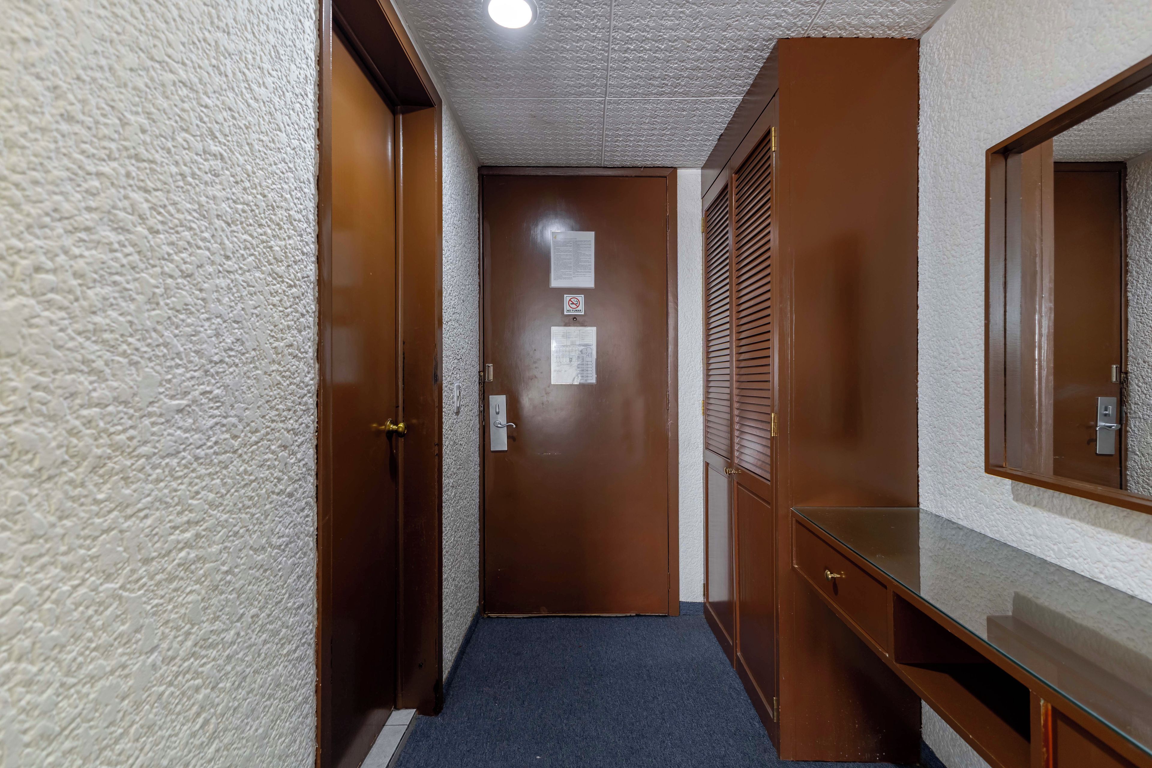 Un pasillo con puerta de madera, un espejo y una alfombra azul.