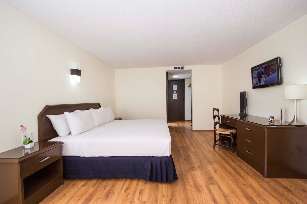 A hotel room with a large bed, wooden flooring, a desk with drawers, a chair, a television mounted on the wall, and a small table with a lamp.