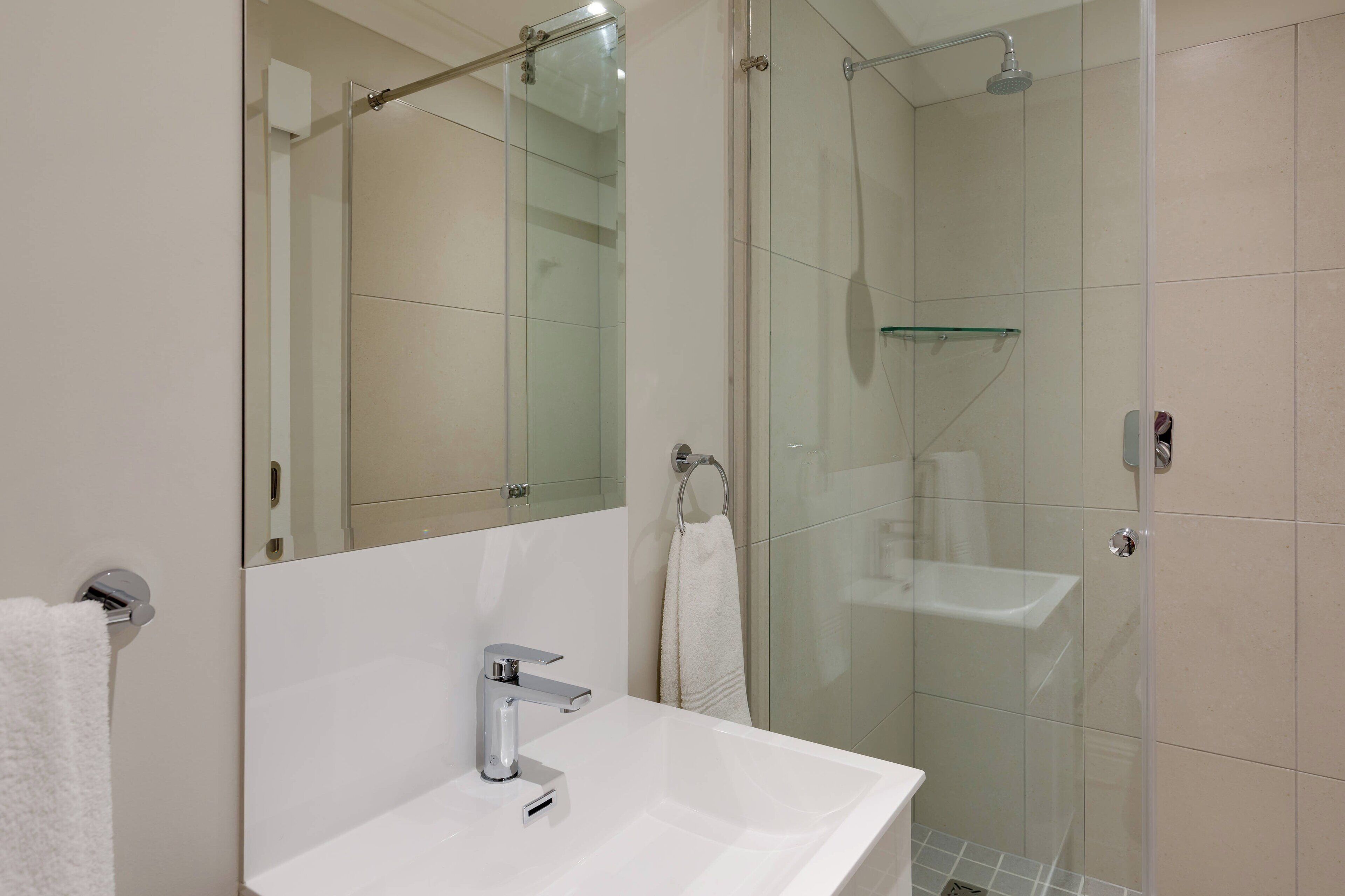 A modern bathroom with a glass shower enclosure, a white sink, and a large mirror.