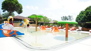 A children's play area with slides and a pool.