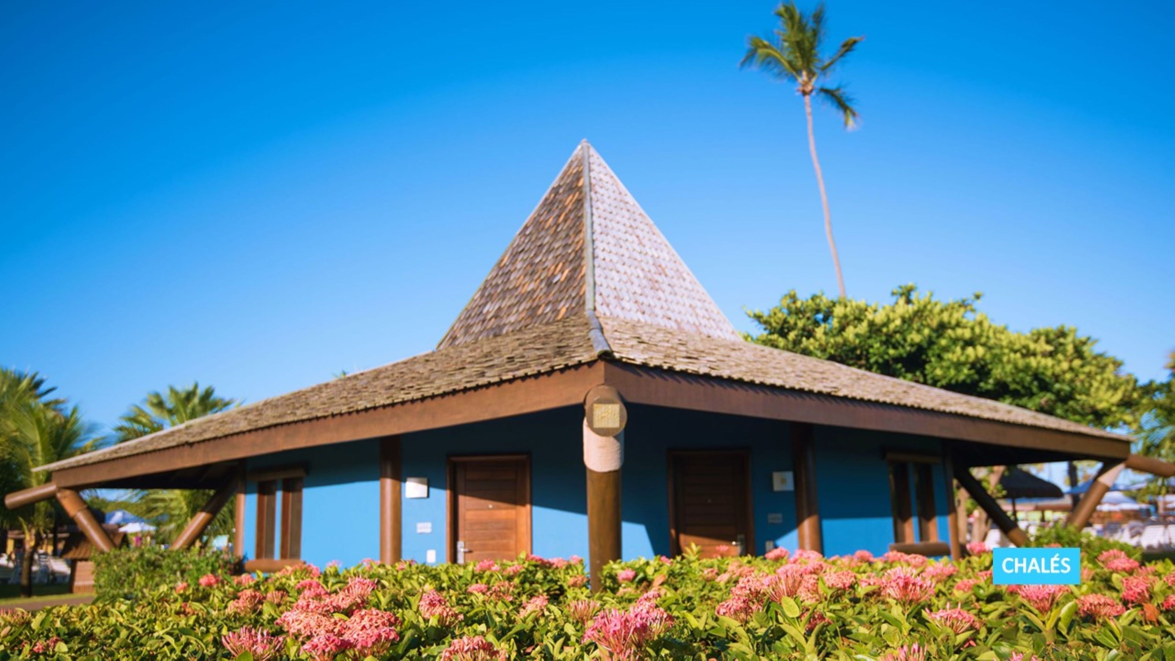 A traditional thatched-roof structure with a blue exterior, surrounded by pink flowers.