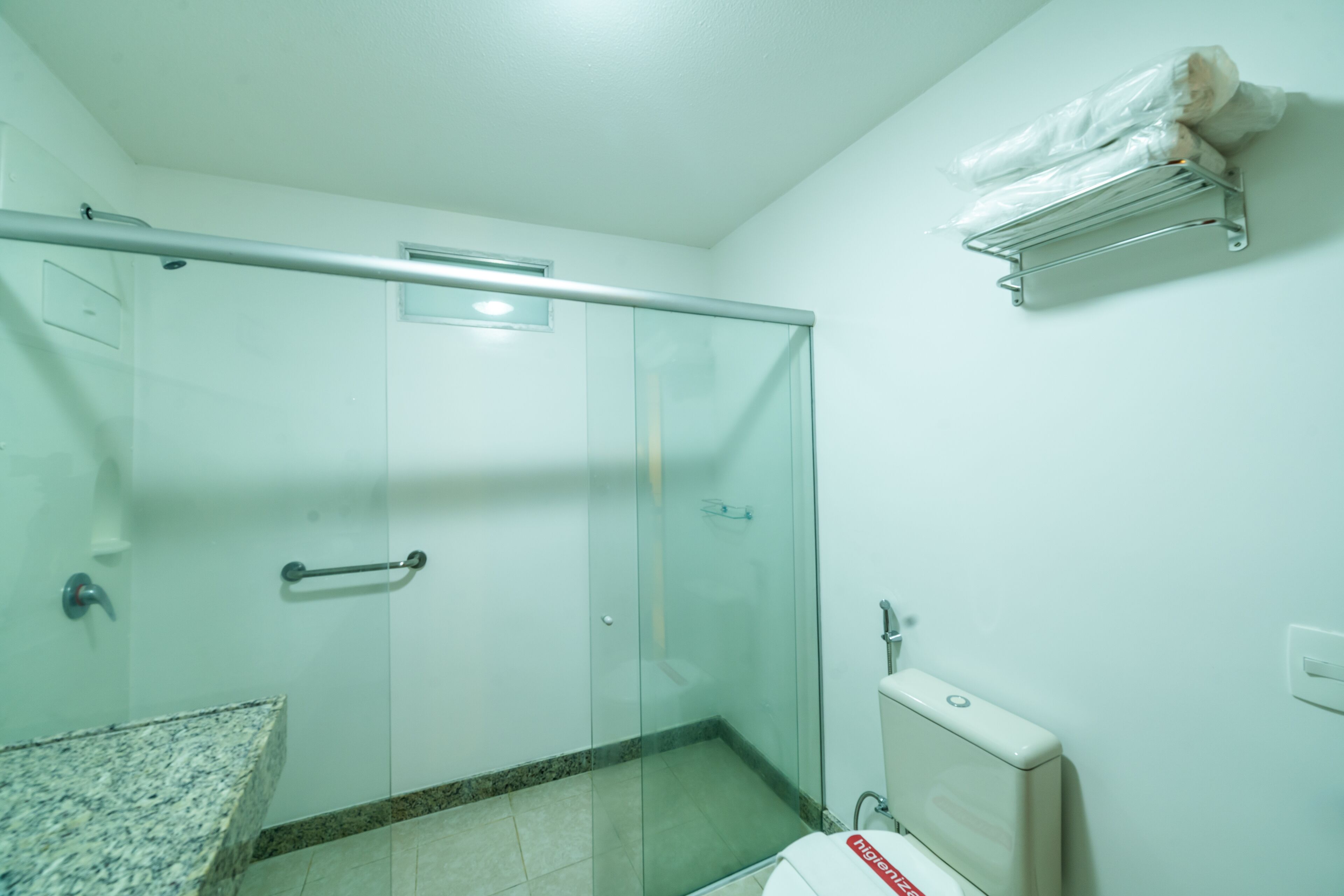 Une salle de bain avec une douche à parois de verre, des toilettes, un lavabo avec un plan de travail en granit et un porte-serviettes fixé au mur.