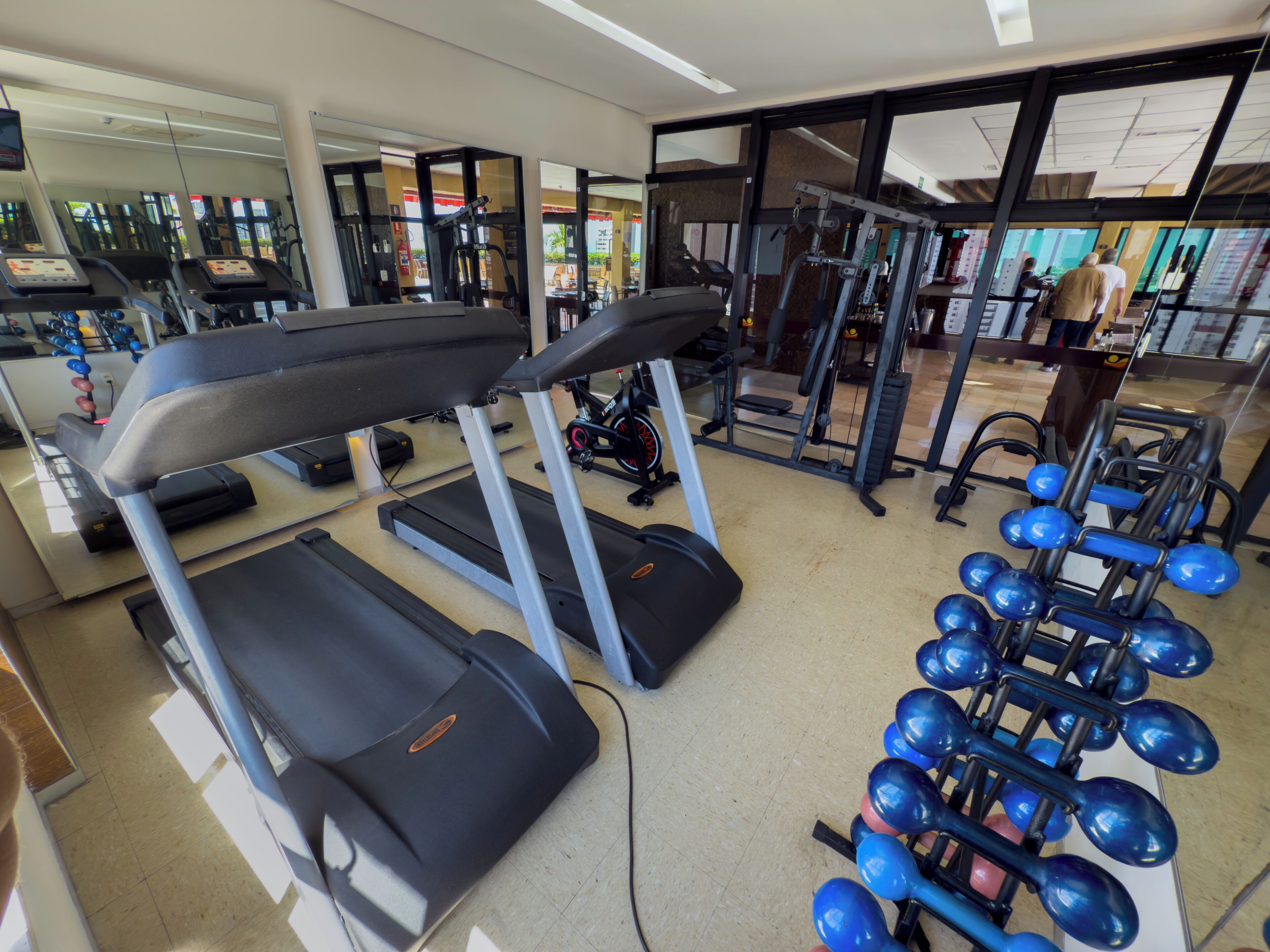 Un gimnasio con cintas de correr, máquinas de pesas y mancuernas.