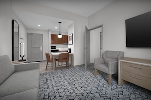 Full-size fridge, microwave, stovetop, dishwasher