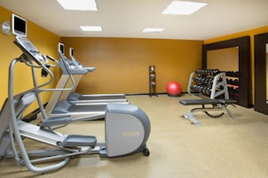 Un gimnasio con cintas de correr, una bicicleta estática, una pelota de ejercicios roja y un estante con mancuernas.