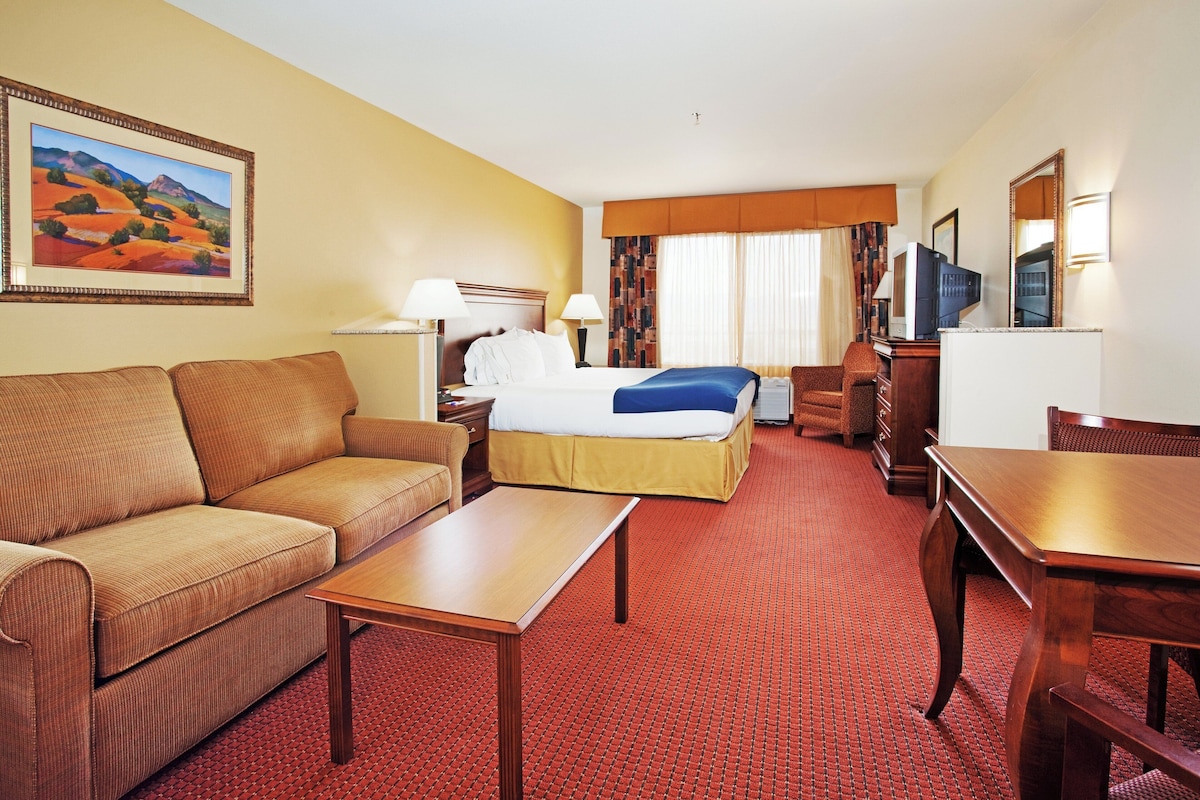 A hotel room with a bed, a sofa, a desk, a television, and a painting on the wall.