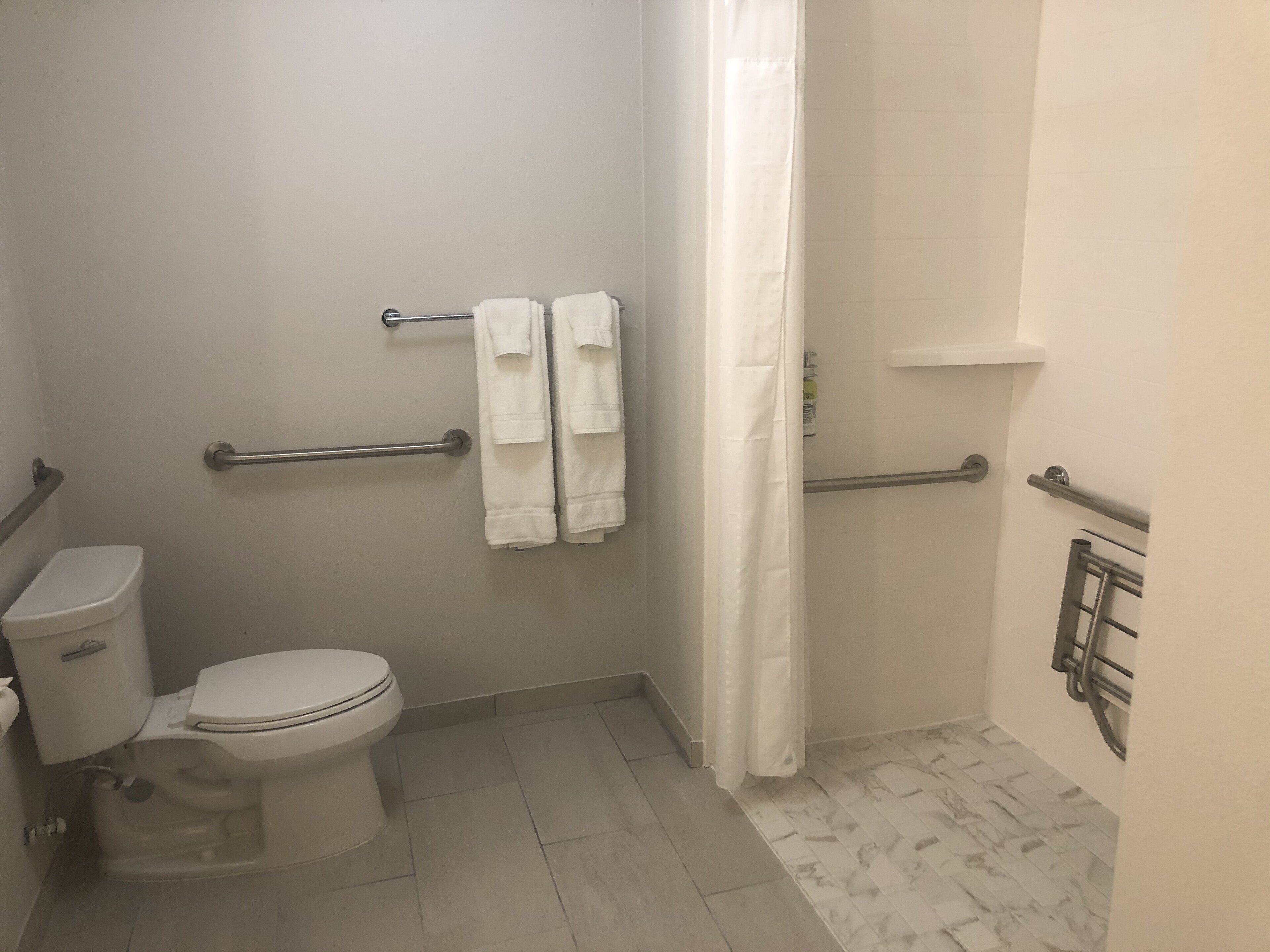 Un baño con inodoro, cortina de ducha y barras de apoyo.