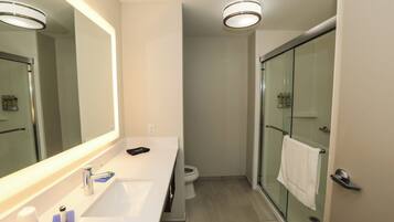 Un baño moderno con un espejo grande, un lavamanos, una ducha y un inodoro.