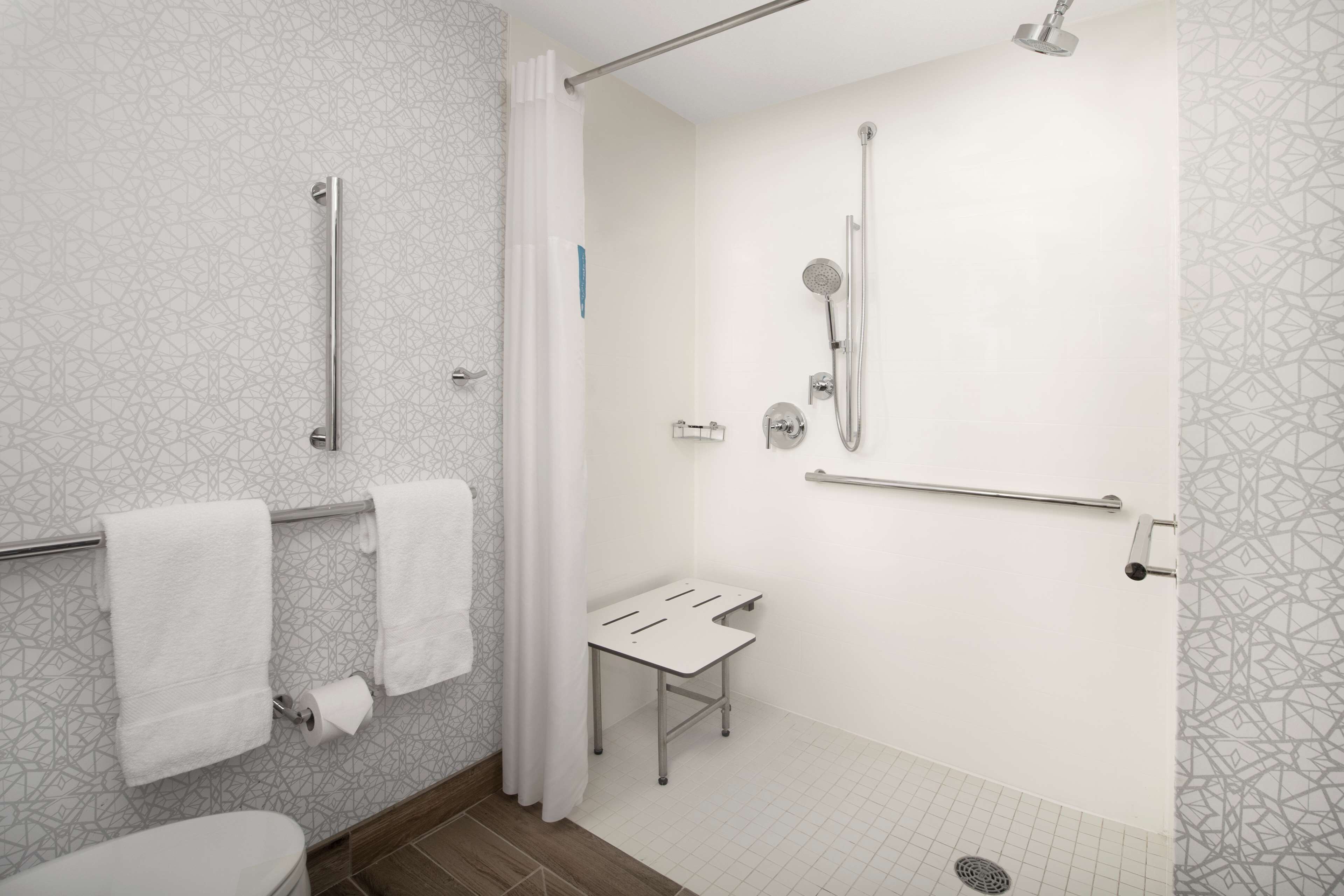 A modern bathroom with a shower, toilet, and a grab bar.