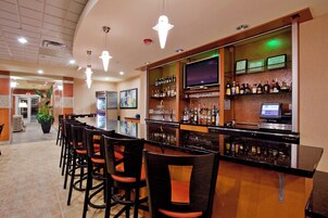 Zona de bar con una barra larga, varias sillas, un televisor y una gran variedad de botellas y vasos.