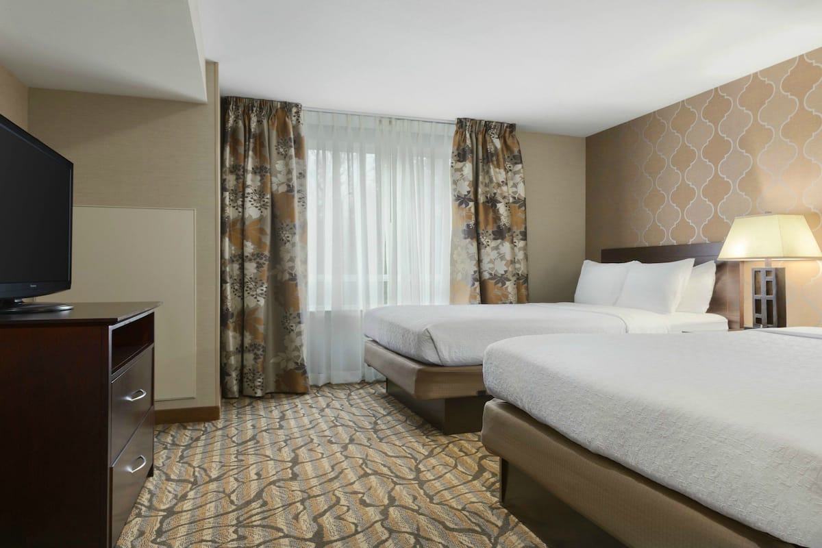 Een hotelkamer met twee bedden, een televisie, een bureau en een kamerbreed tapijt met een patroon.