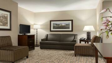 Habitación de hotel con sofá, sillón, televisor, lámpara y un cuadro en la pared.