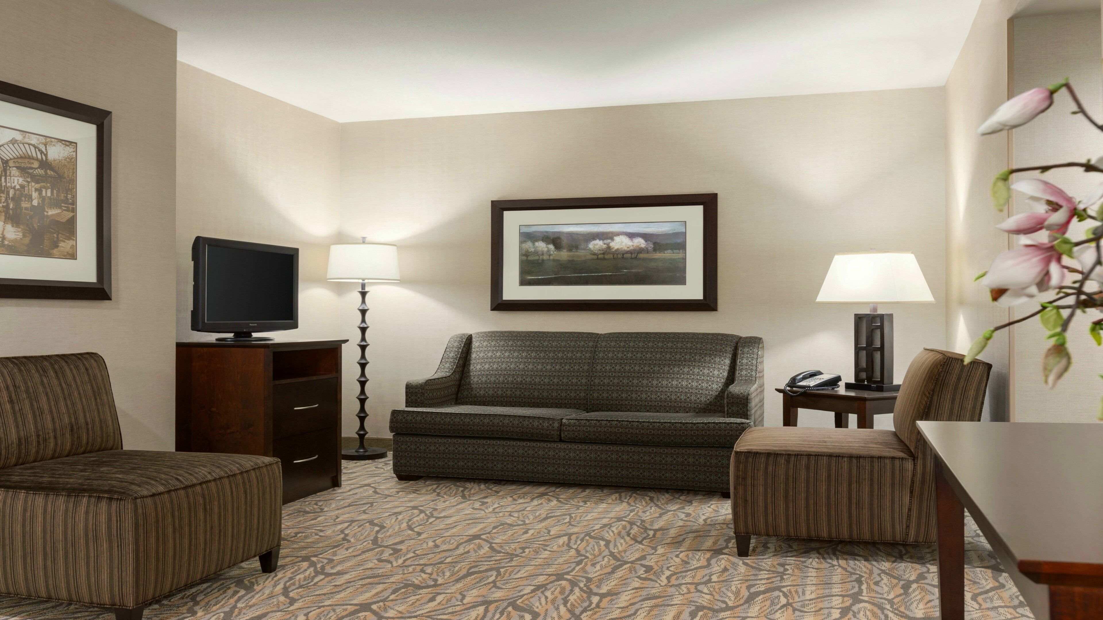 A hotel room with a sofa, armchair, TV, lamp, and framed picture on the wall.