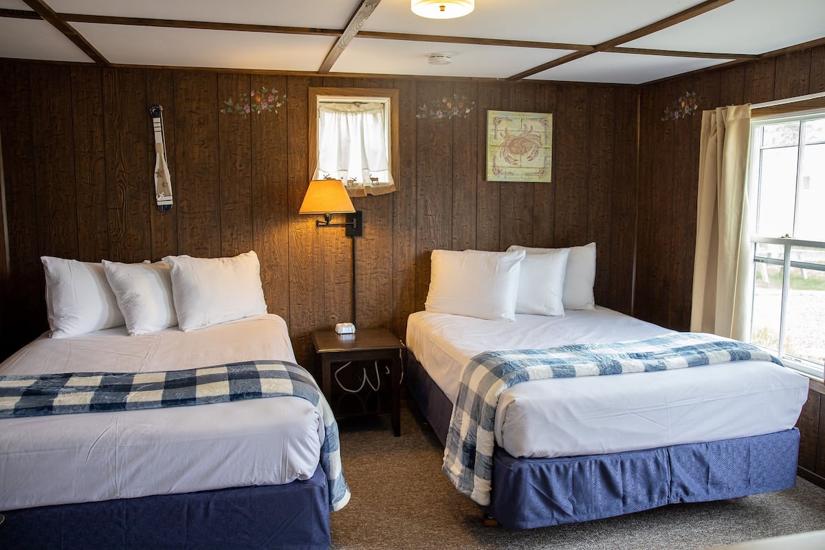 A room with two beds, a nightstand, a lamp, a window with curtains, and wooden walls.