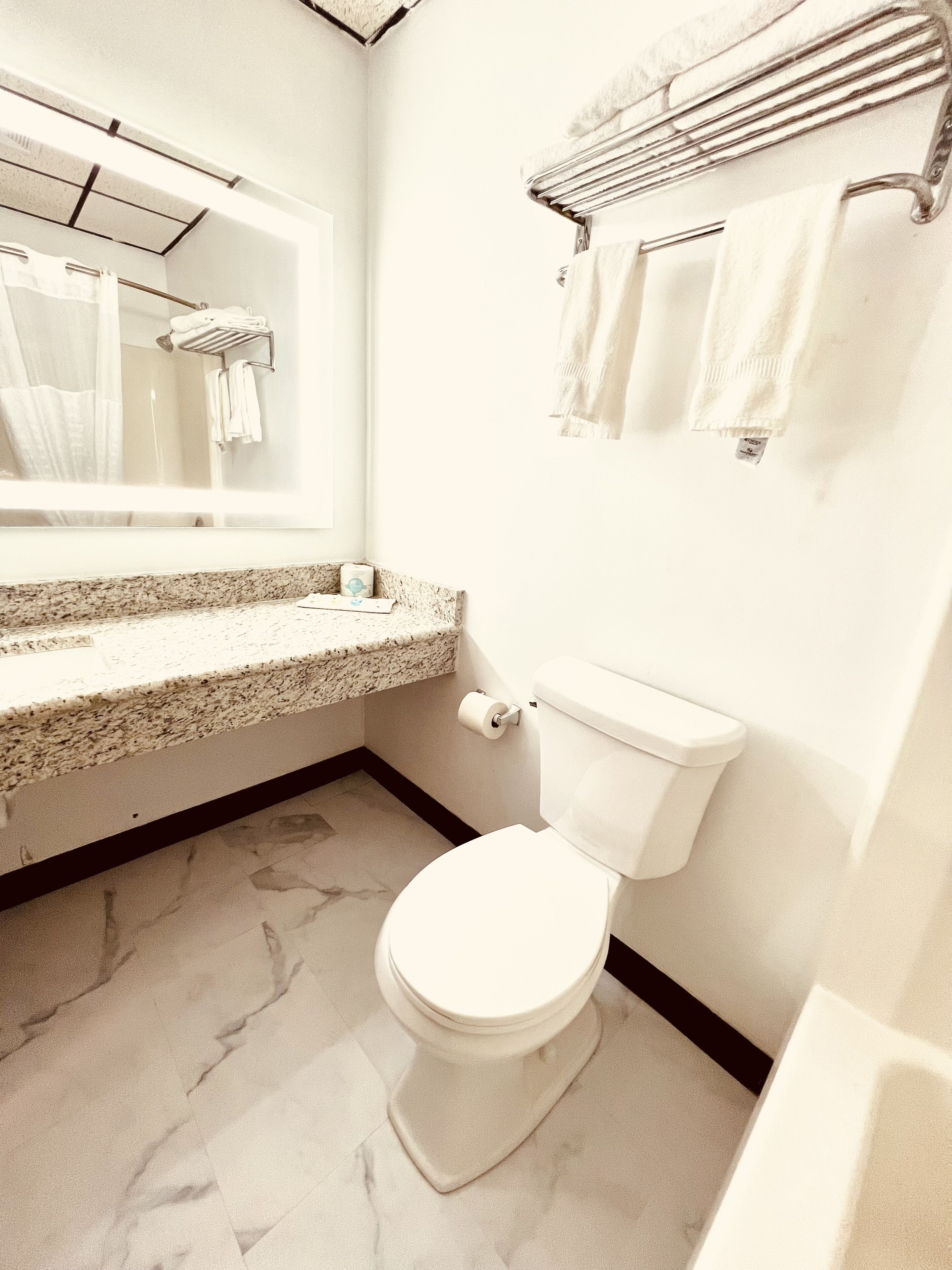 A bathroom with a toilet, a sink with a granite countertop, a mirror, and a towel rack with towels.