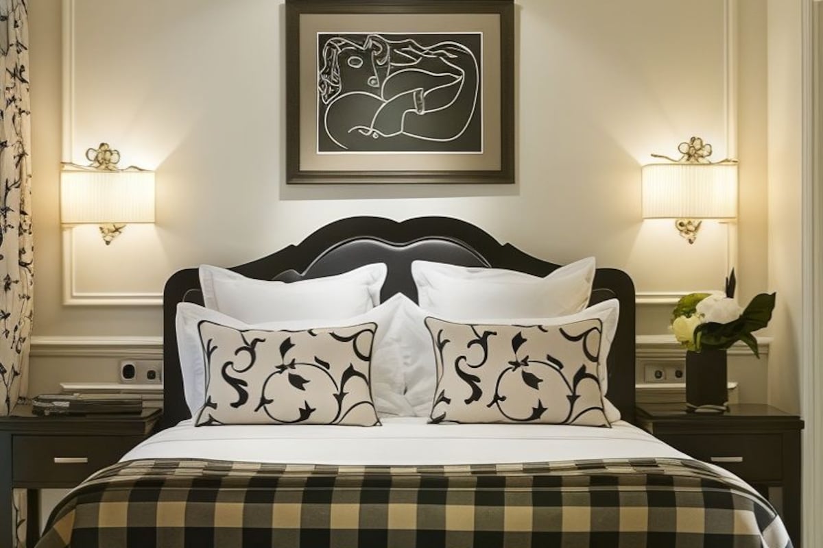 A hotel room with a bed, bedside lamps, a framed artwork, and a checkered bedspread.