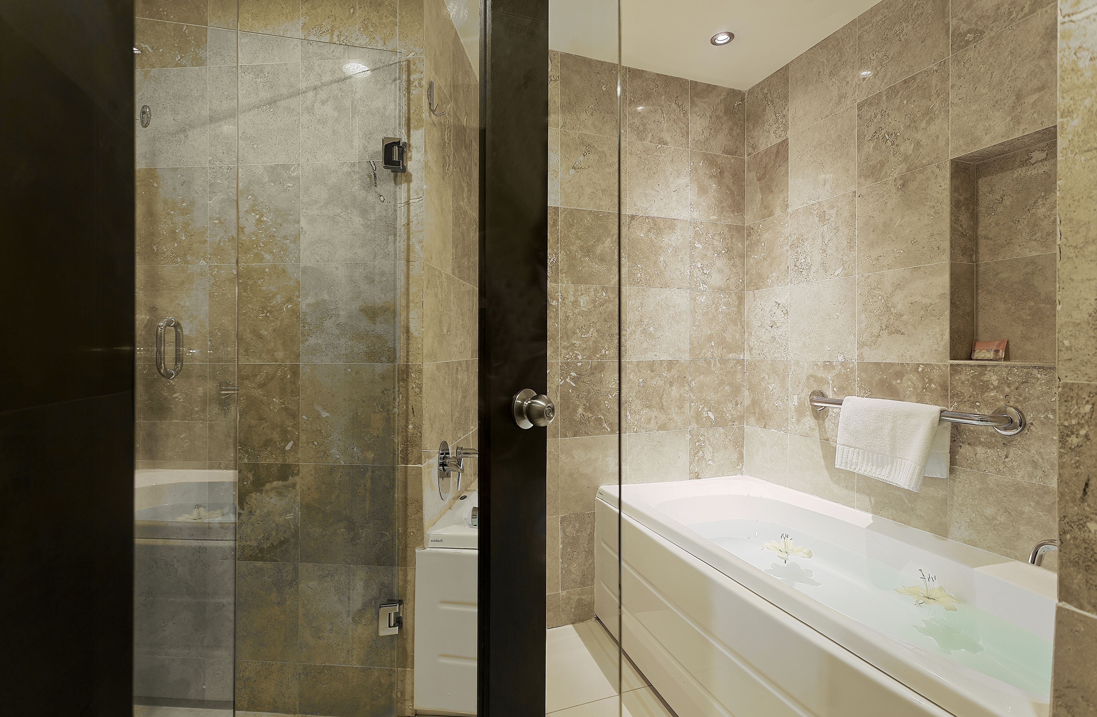 shower, rainfall showerhead, free toiletries, hair dryer