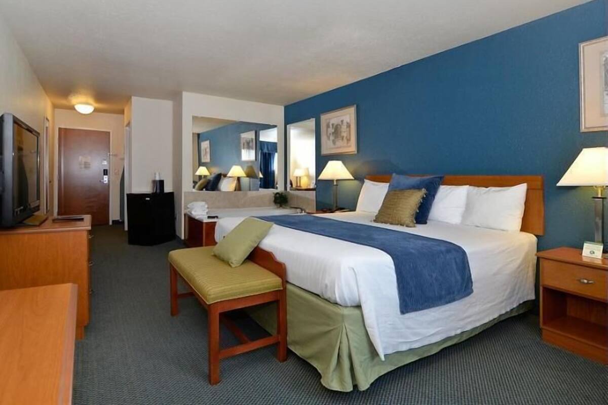A hotel room with a bed, bedside tables, a desk, a television, a chair, and a mirror.