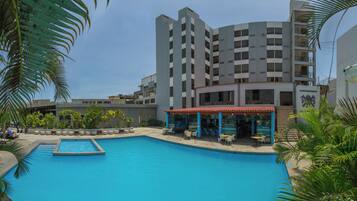 Outdoor pool, open 2:00 PM to 9:00 PM, sun loungers