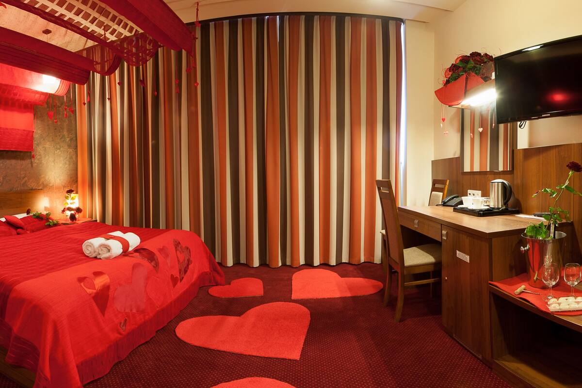 Habitación de hotel con una cama grande, un escritorio, un televisor y zona de ducha.
