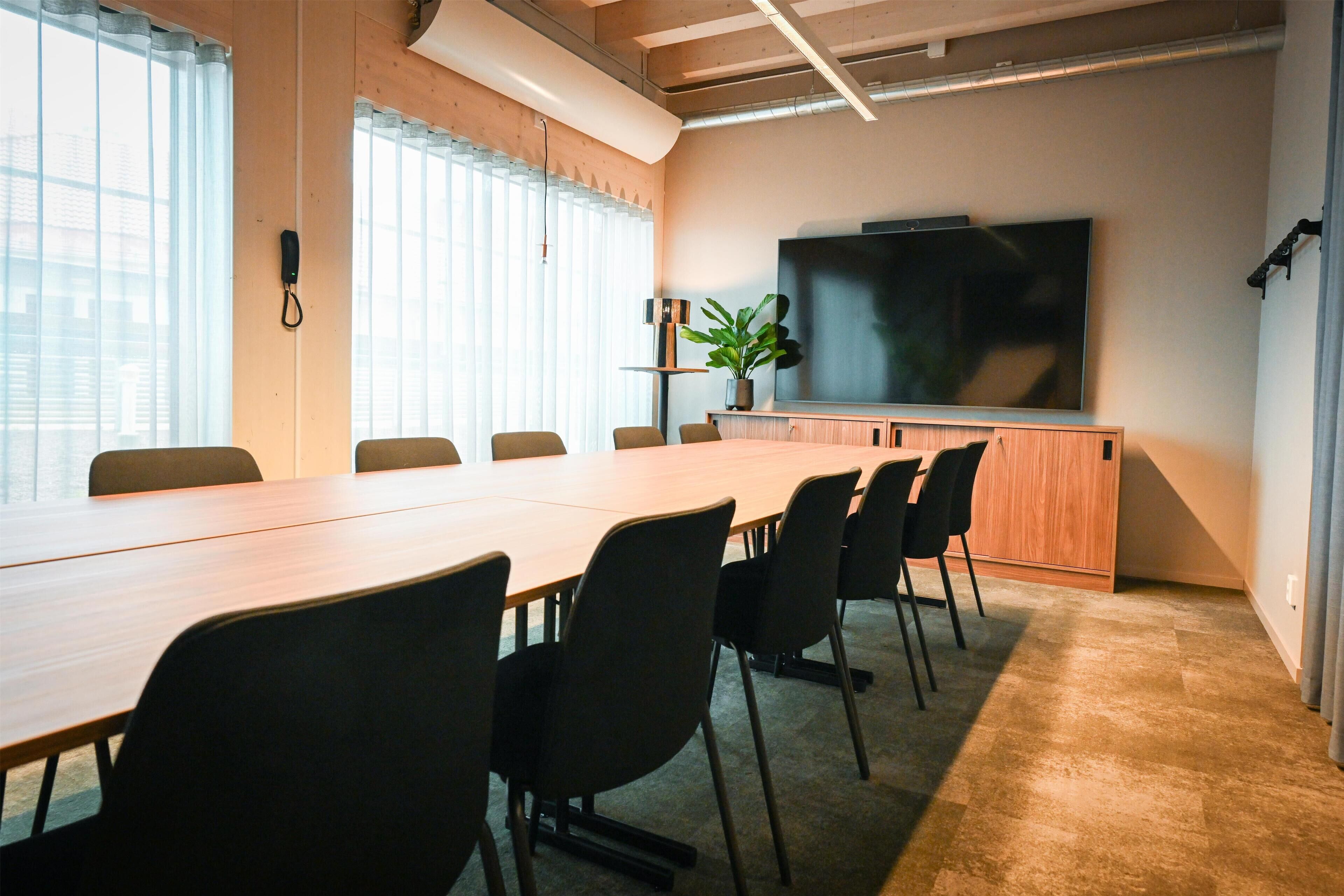 Un salón de conferencias con una mesa larga, sillas, un televisor y una planta en maceta.