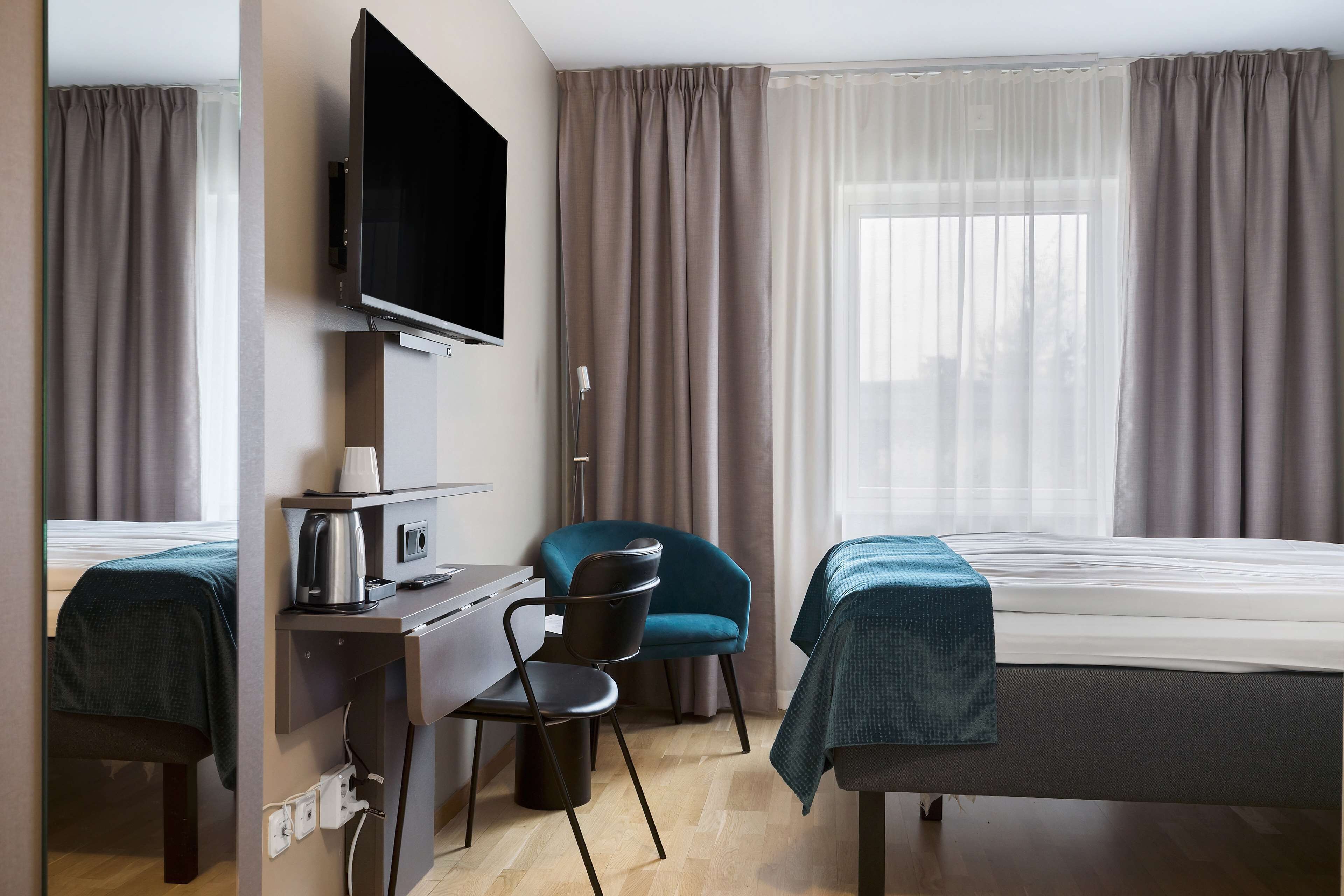 desk, laptop workspace, blackout curtains, soundproofing