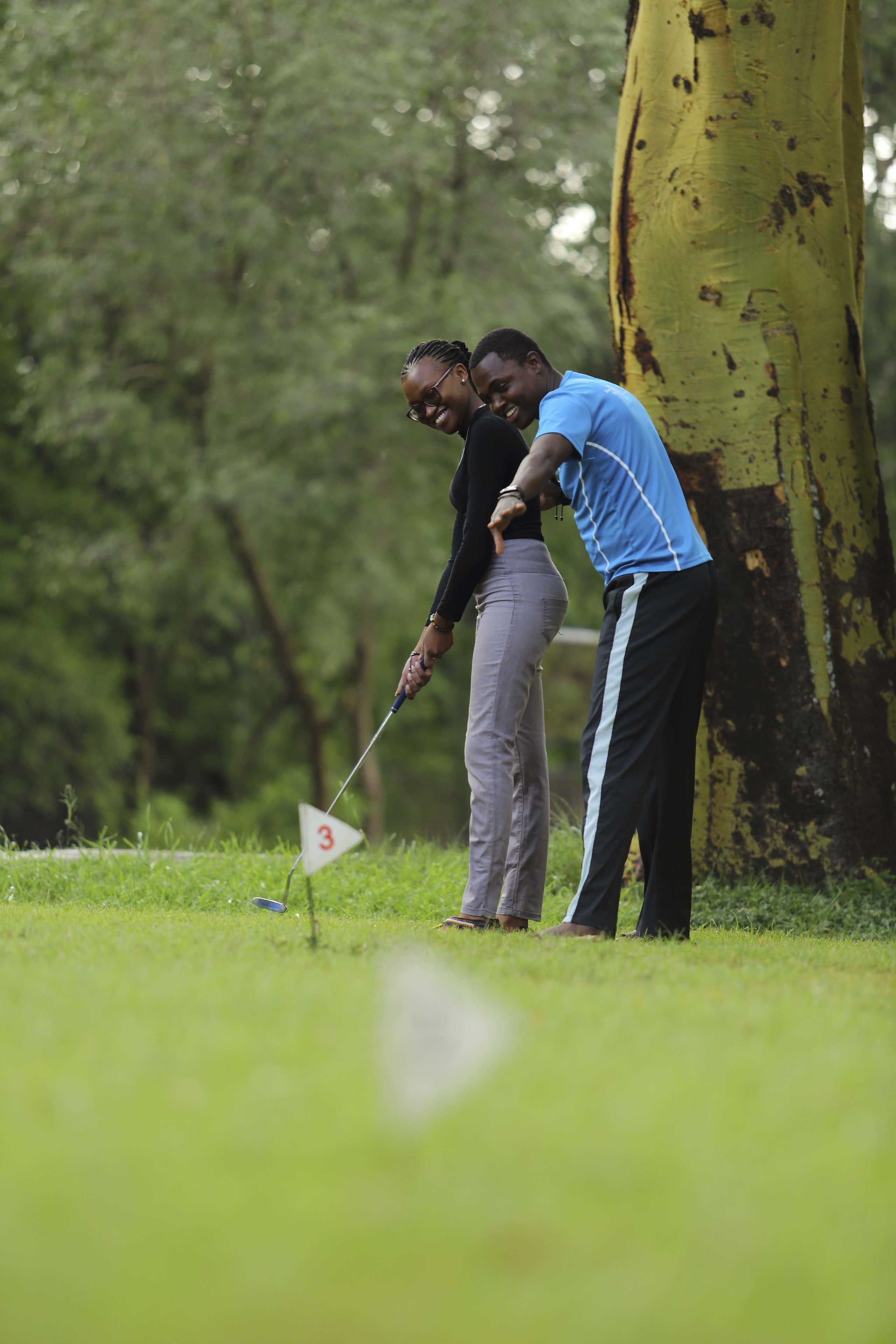 Un campo da golf con una bandiera contrassegnata dal numero 3 sul green, circondato da alberi.