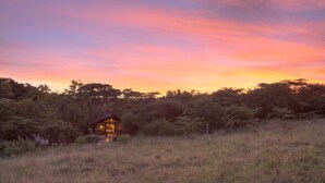 A small lodge with a wooden exterior, surrounded by dense vegetation and trees, under a colorful sunset sky.